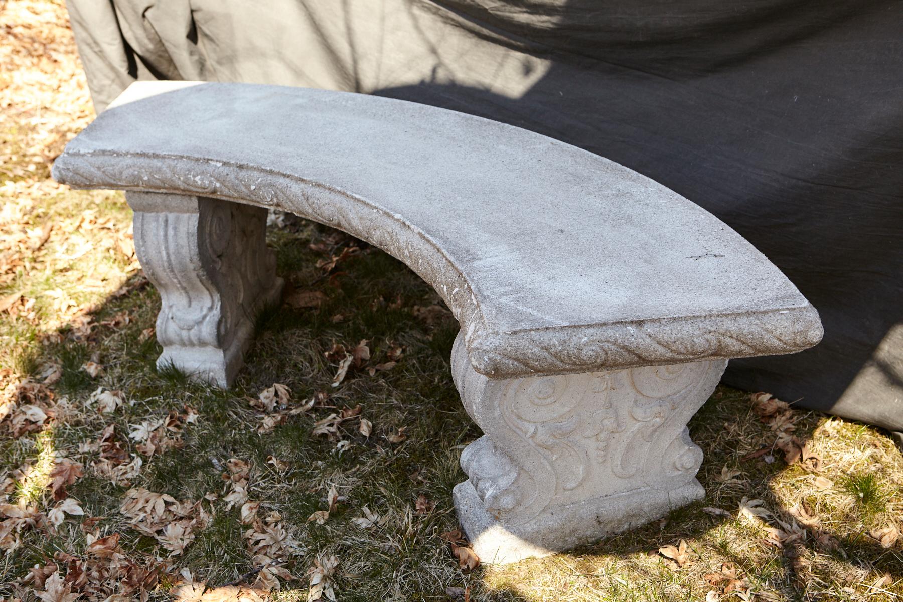 Curved Cast Stone Bench on Scrolled Leaves Base, circa 1960s, No 4 2