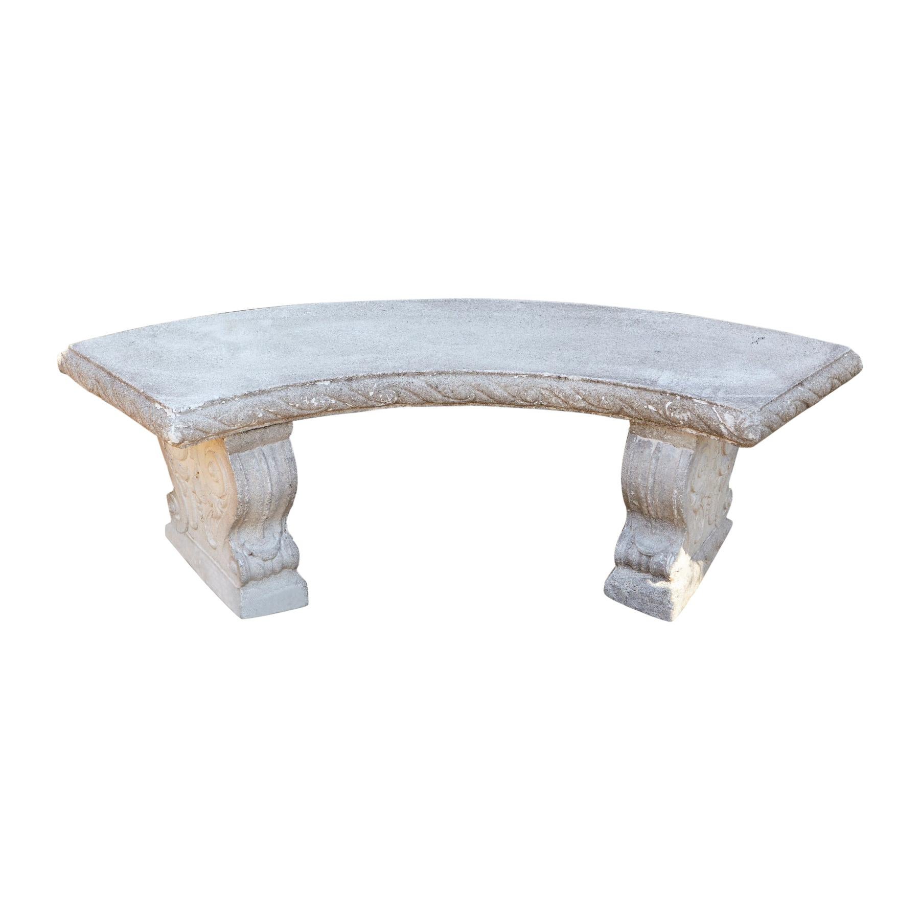 Curved Cast Stone Bench on Scrolled Leaves Base, circa 1960s, No 4