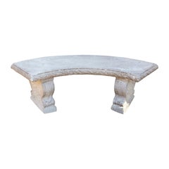 Vintage Curved Cast Stone Bench on Scrolled Leaves Base, circa 1960s, No 4