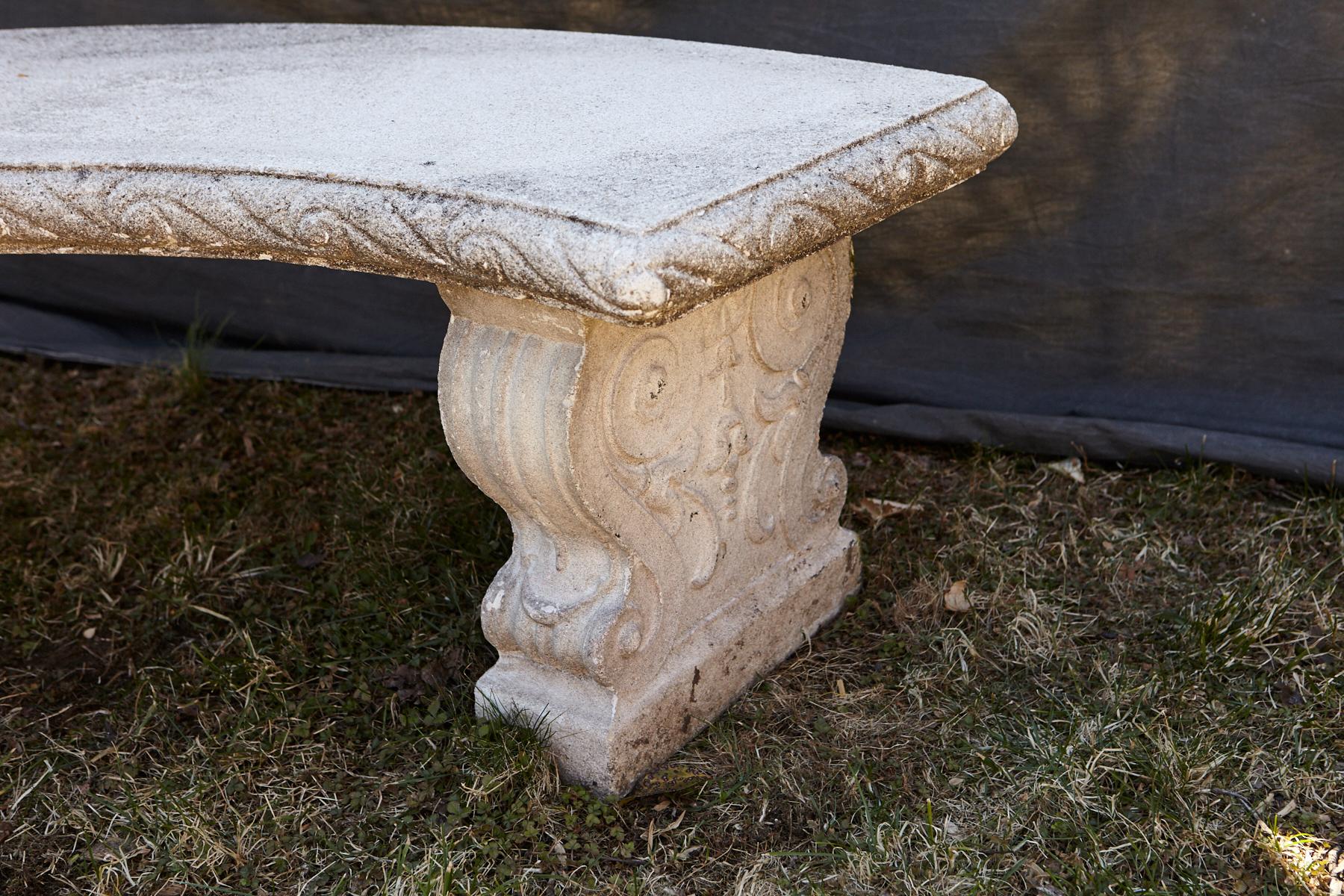 Curved Cast Stone Bench on Scrolled Leaves Base, circa 1960s, No 5 In Good Condition In Pau, FR
