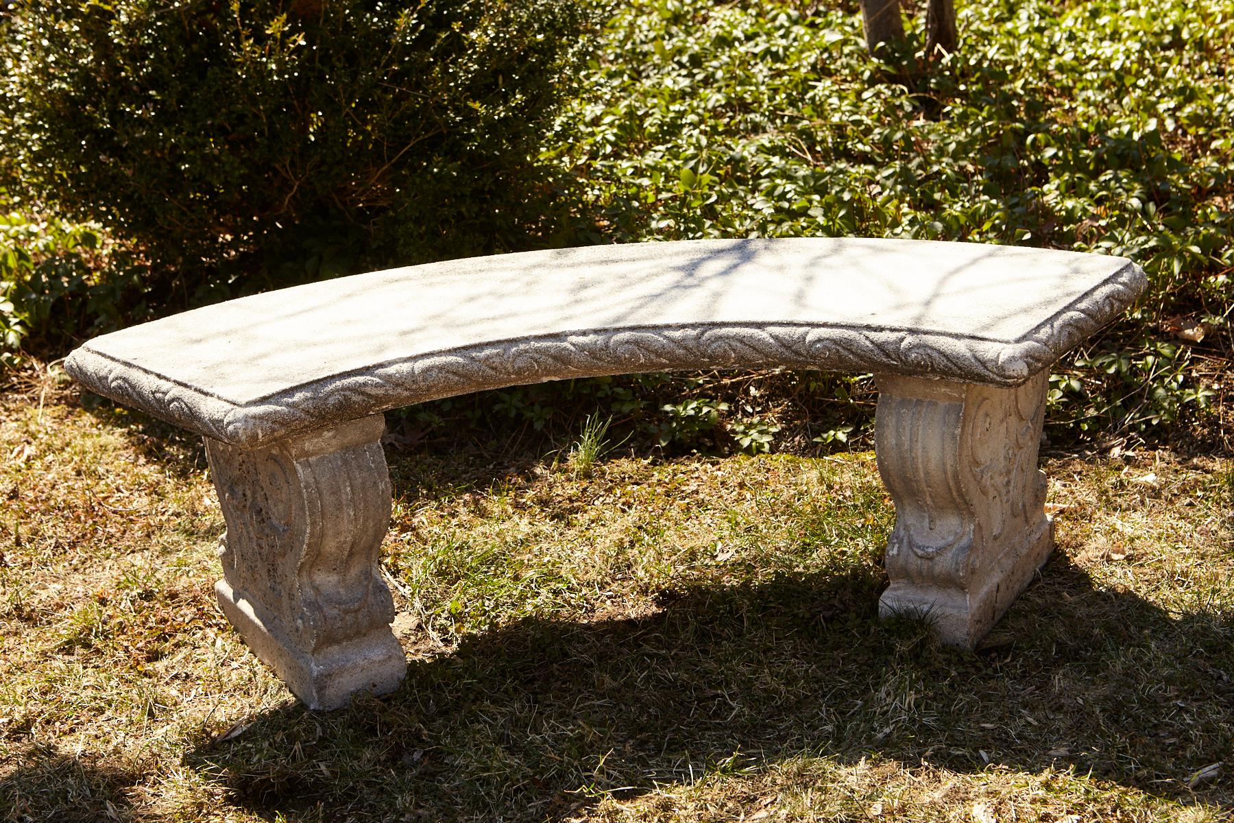 20th Century Curved Cast Stone Bench on Scrolled Leaves Base, circa 1960s, No 5