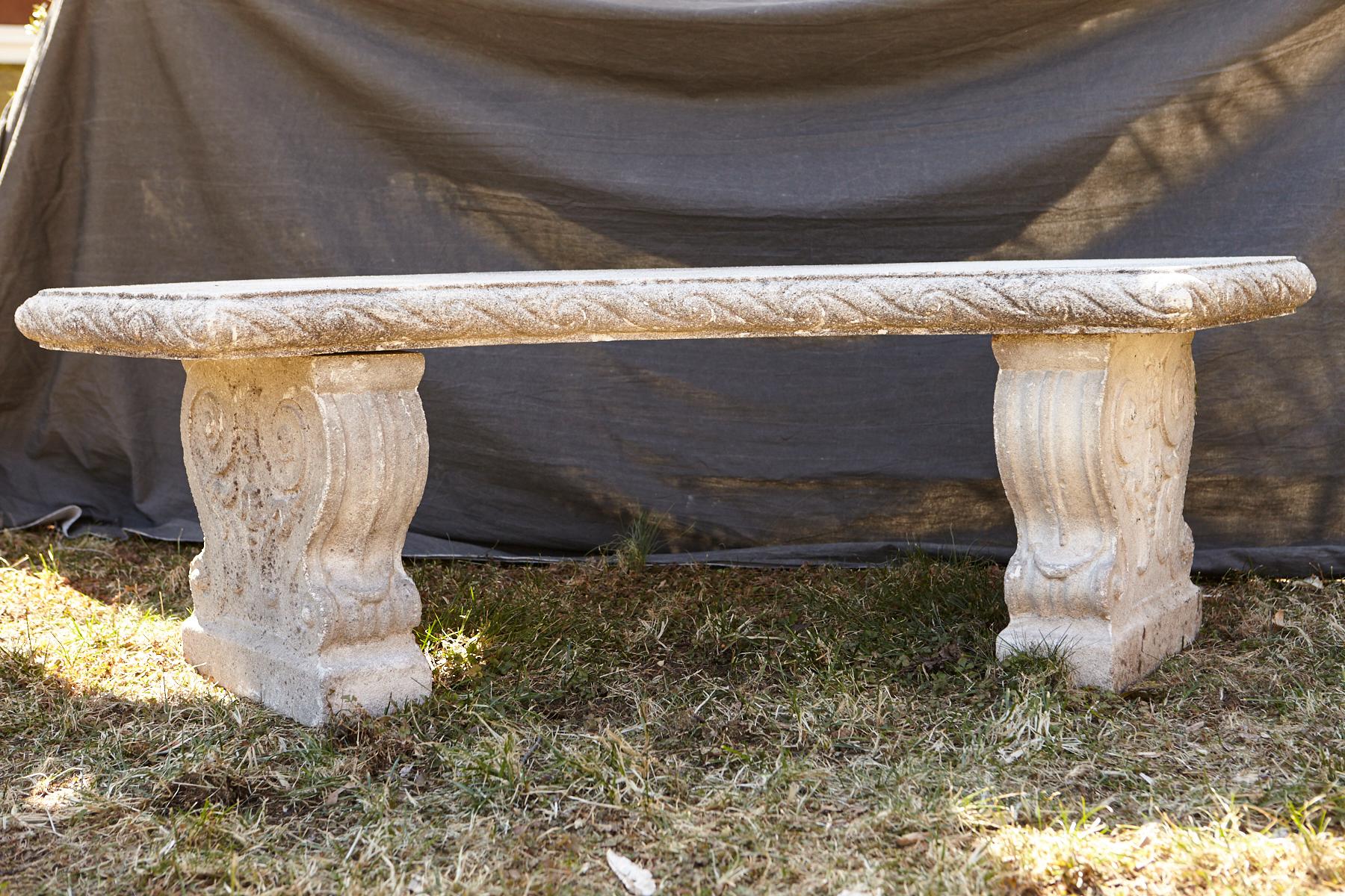 Curved Cast Stone Bench on Scrolled Leaves Base, circa 1960s, No 5 1