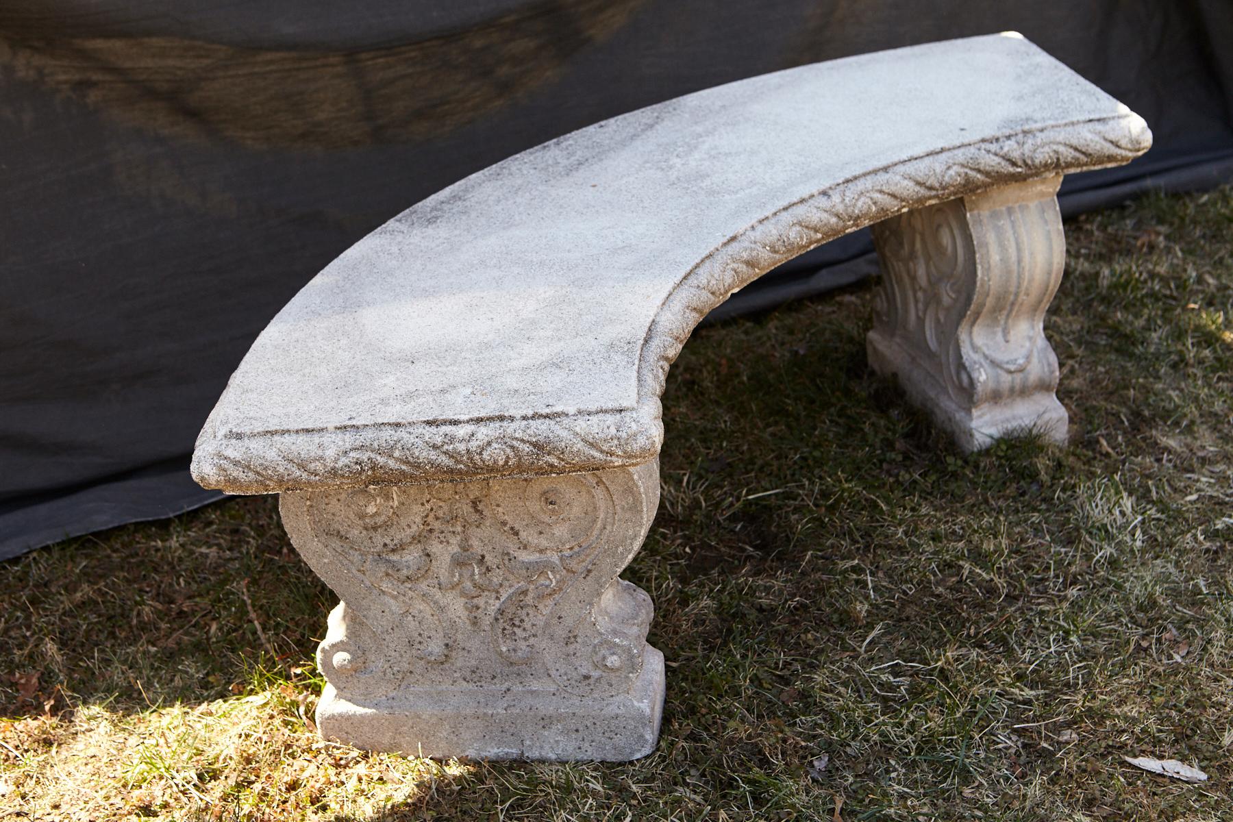Curved Cast Stone Bench on Scrolled Leaves Base, circa 1960s, No 5 2