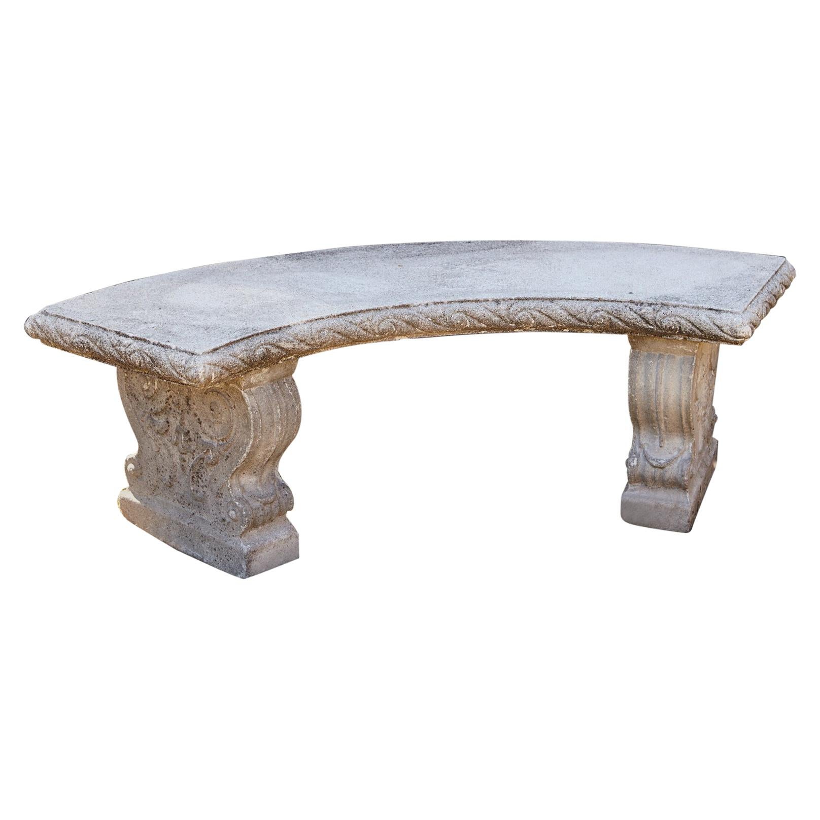 Curved Cast Stone Bench on Scrolled Leaves Base, circa 1960s, No 5