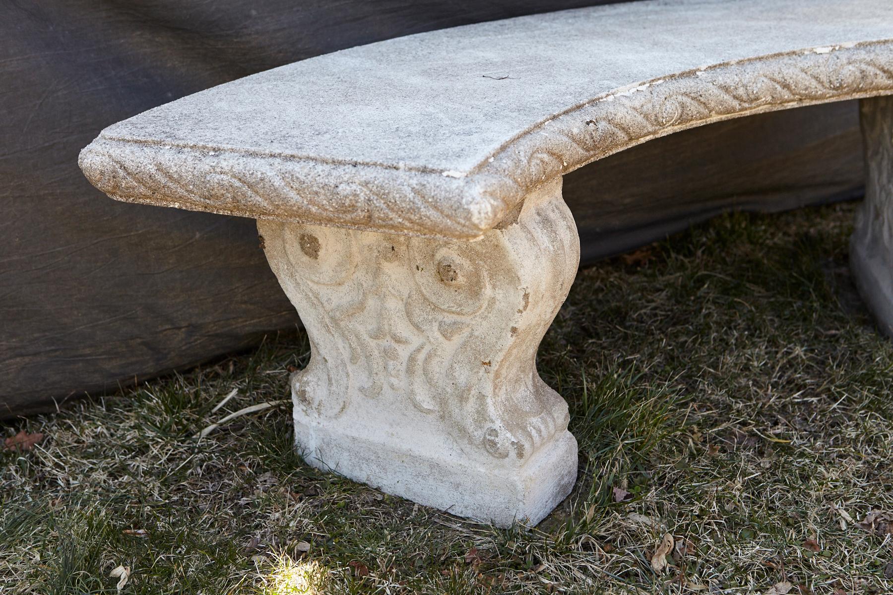 Curved Cast Stone Bench on Scrolled Leaves Base, circa 1960s, No 6 In Good Condition In Pau, FR