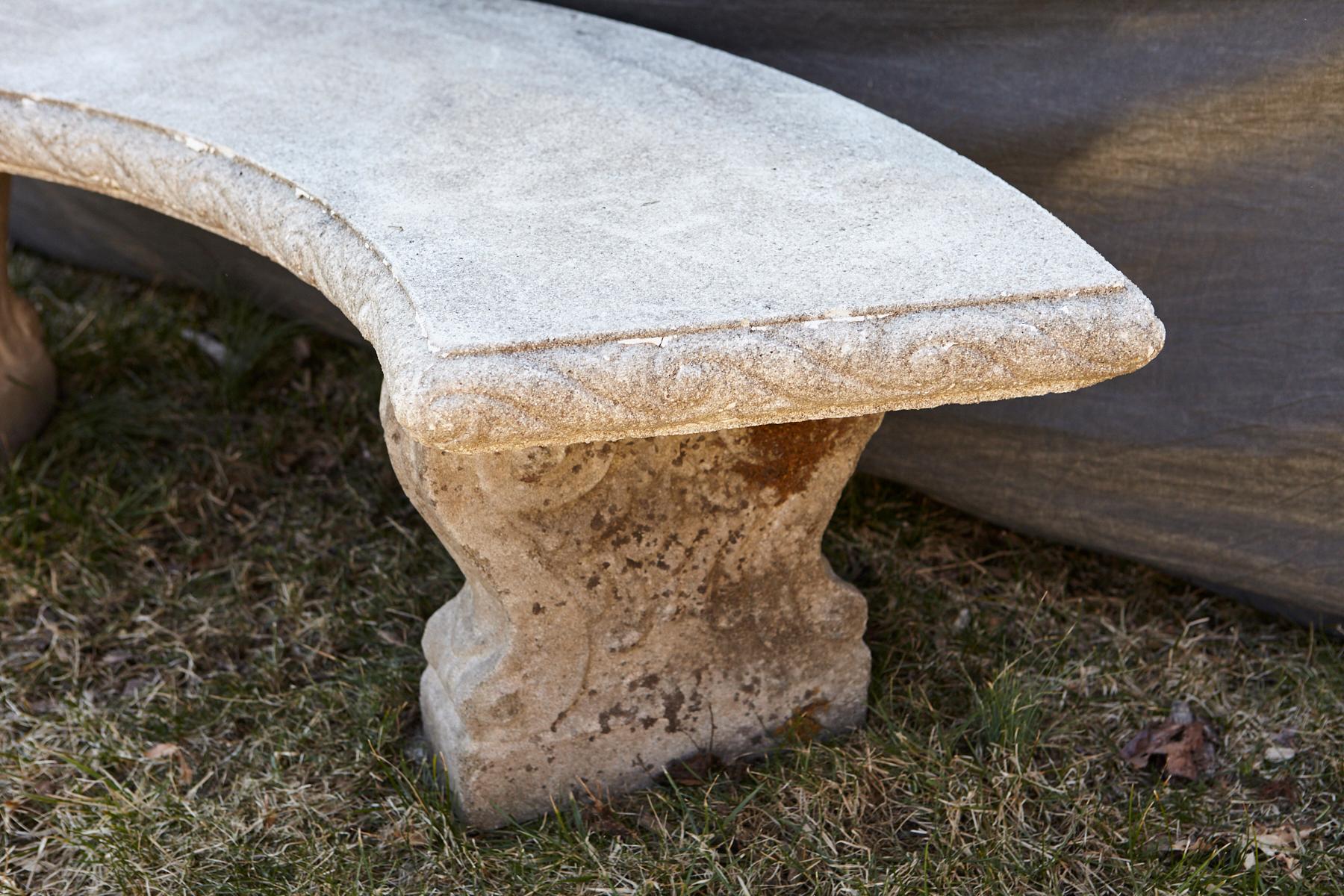 20th Century Curved Cast Stone Bench on Scrolled Leaves Base, circa 1960s, No 6
