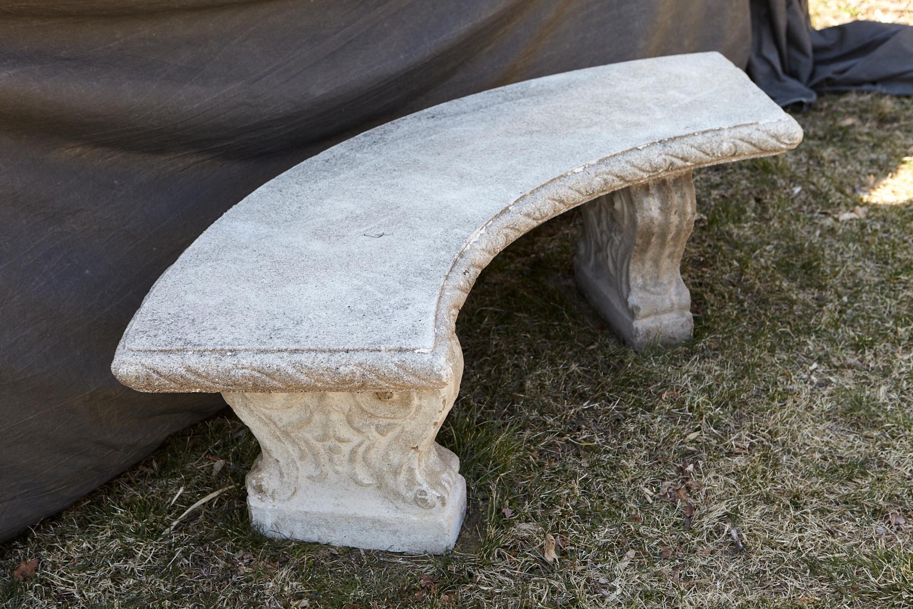 Curved Cast Stone Bench on Scrolled Leaves Base, circa 1960s, No 6 1