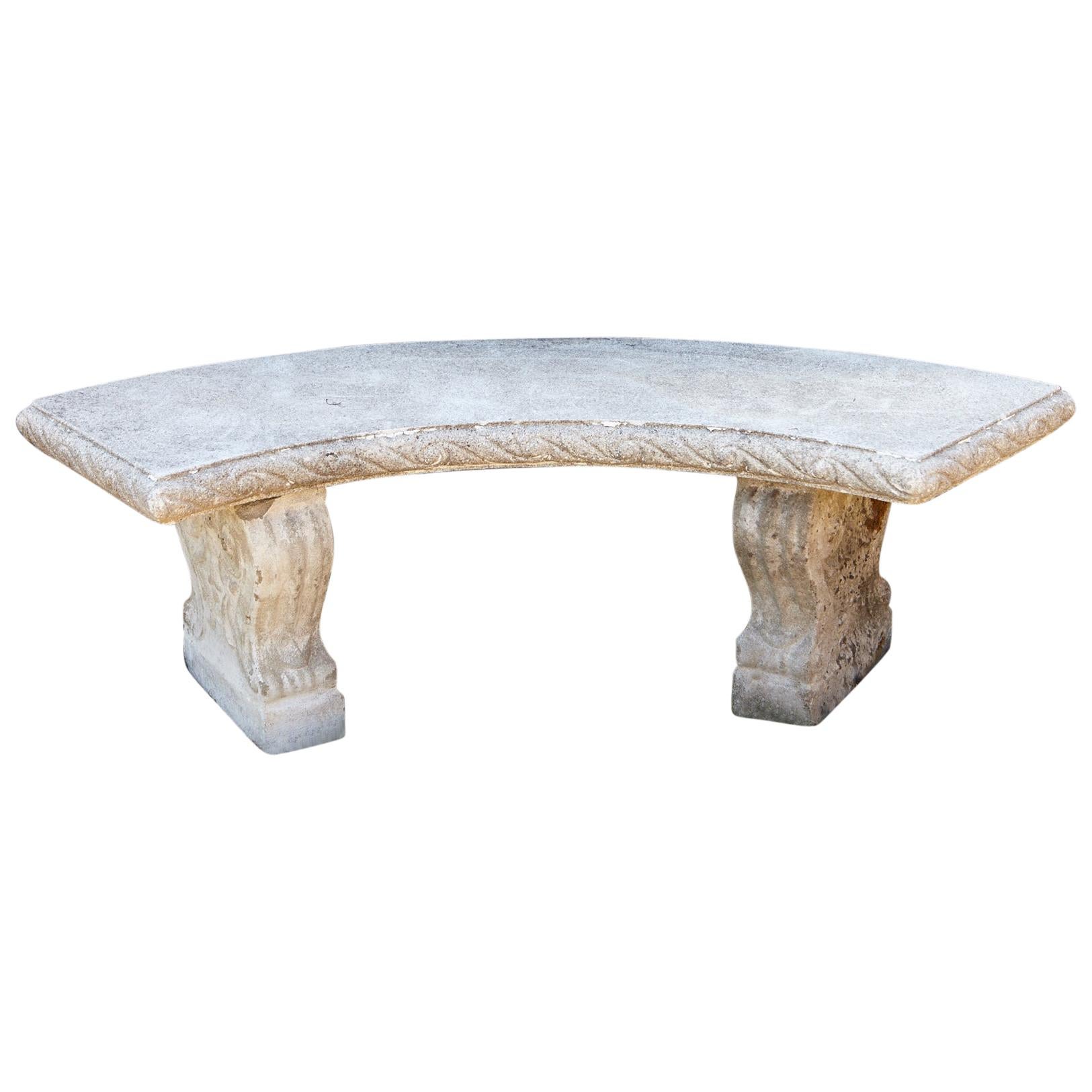 Curved Cast Stone Bench on Scrolled Leaves Base, circa 1960s, No 6
