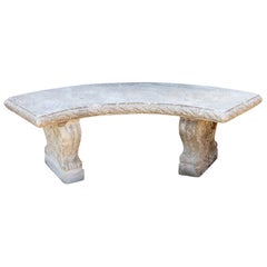 Vintage Curved Cast Stone Bench on Scrolled Leaves Base, circa 1960s, No 6