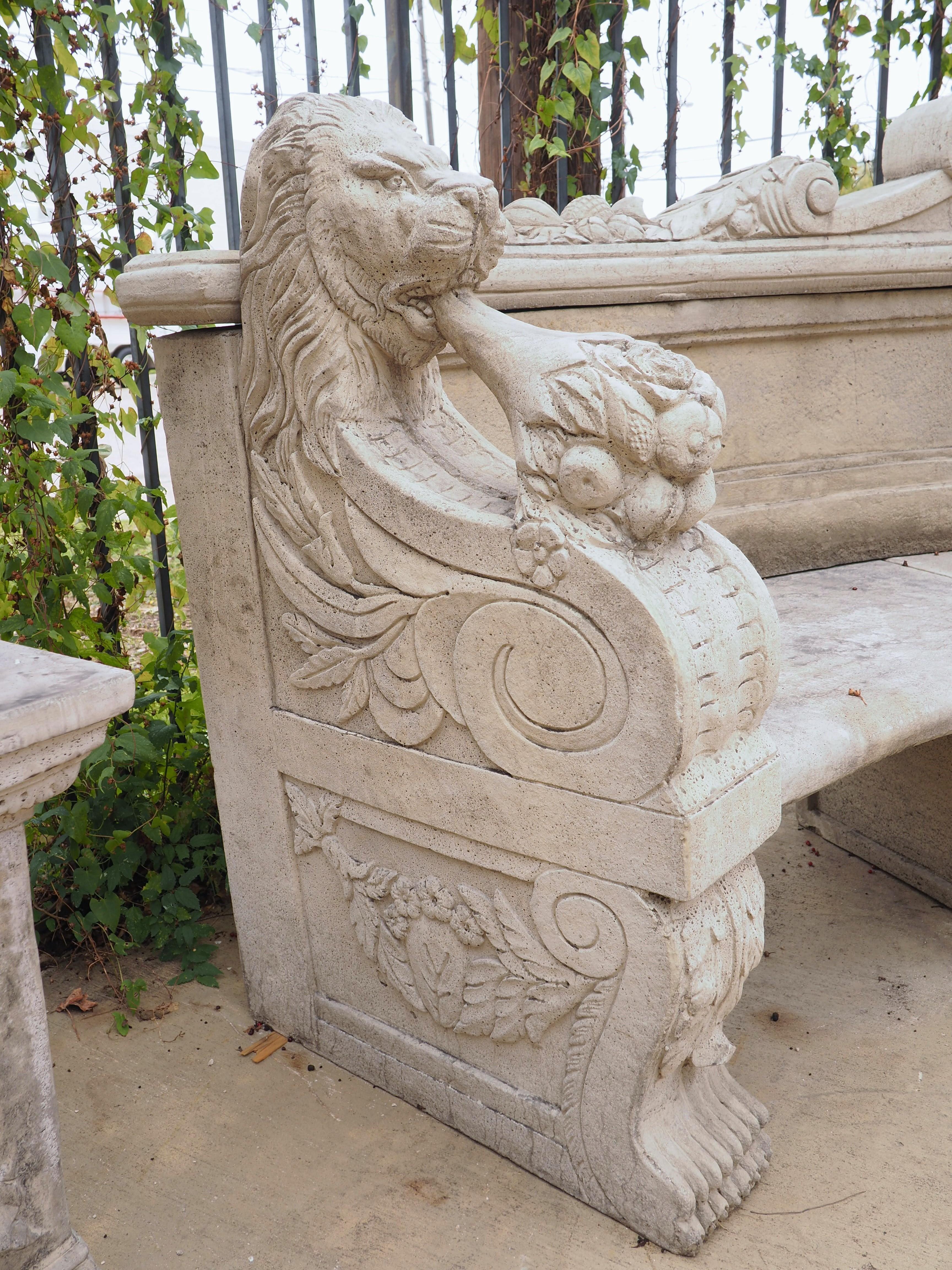 Consisting of 13 pieces of cast stone, this garden bench from Northern France has motifs of the Neoclassical style. Each of the light gray colored stones was cast using a separate mold, with elements that invoke the classic “Italian style”.

The