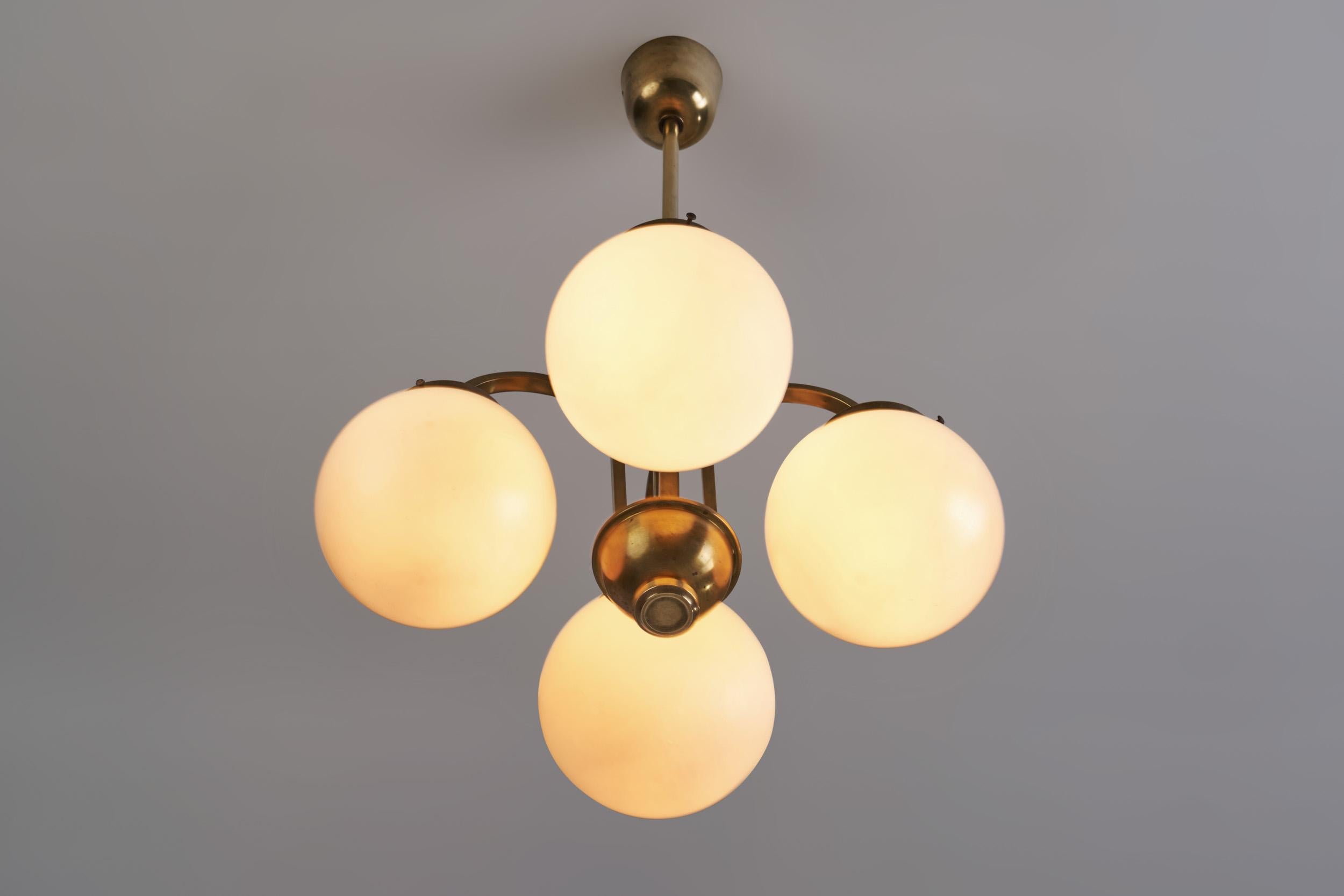 Curved Ceiling Lamp with Four Opal Glass Shades, Europe 1940s For Sale 2