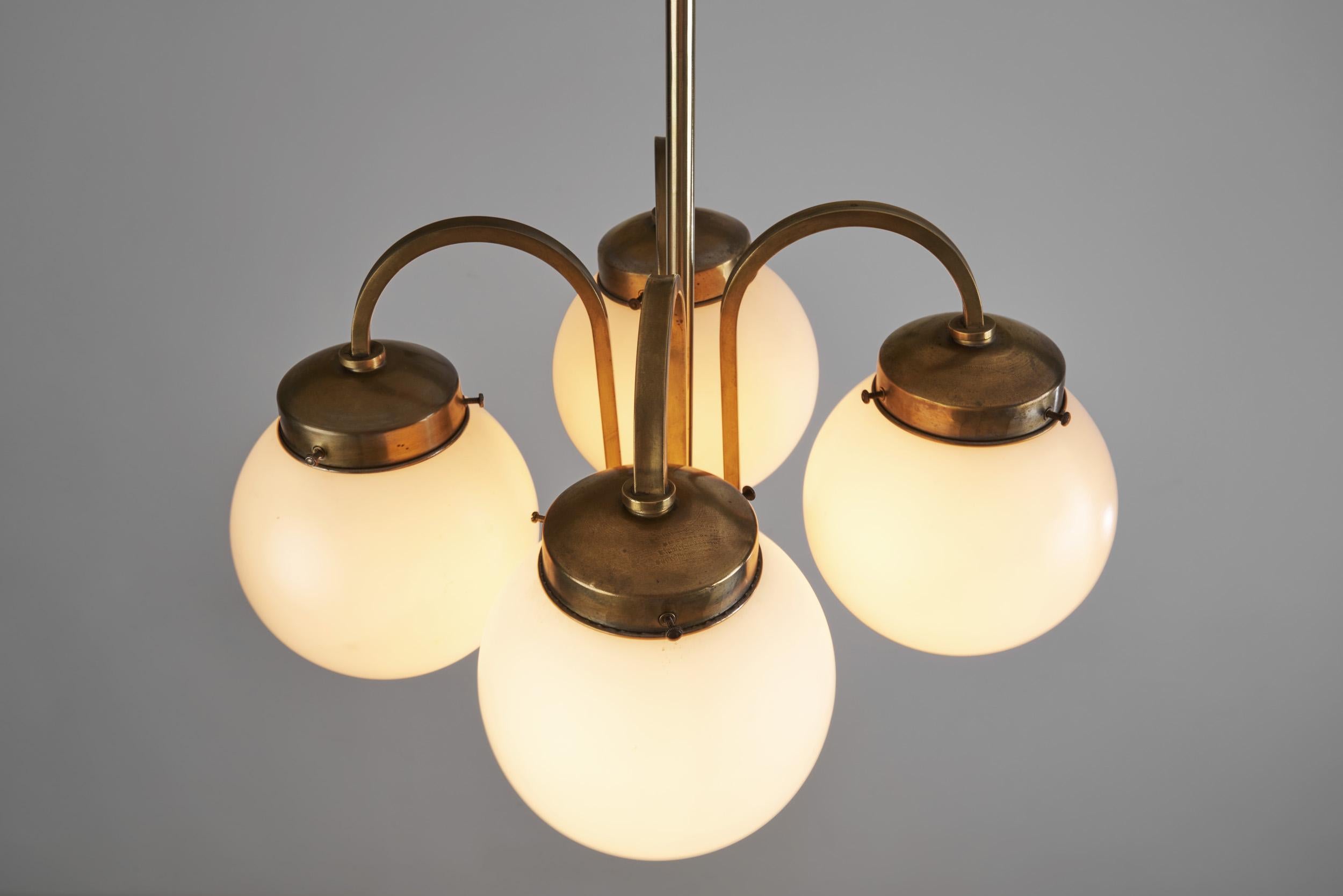 Aluminum Curved Ceiling Lamp with Four Opal Glass Shades, Europe 1940s For Sale