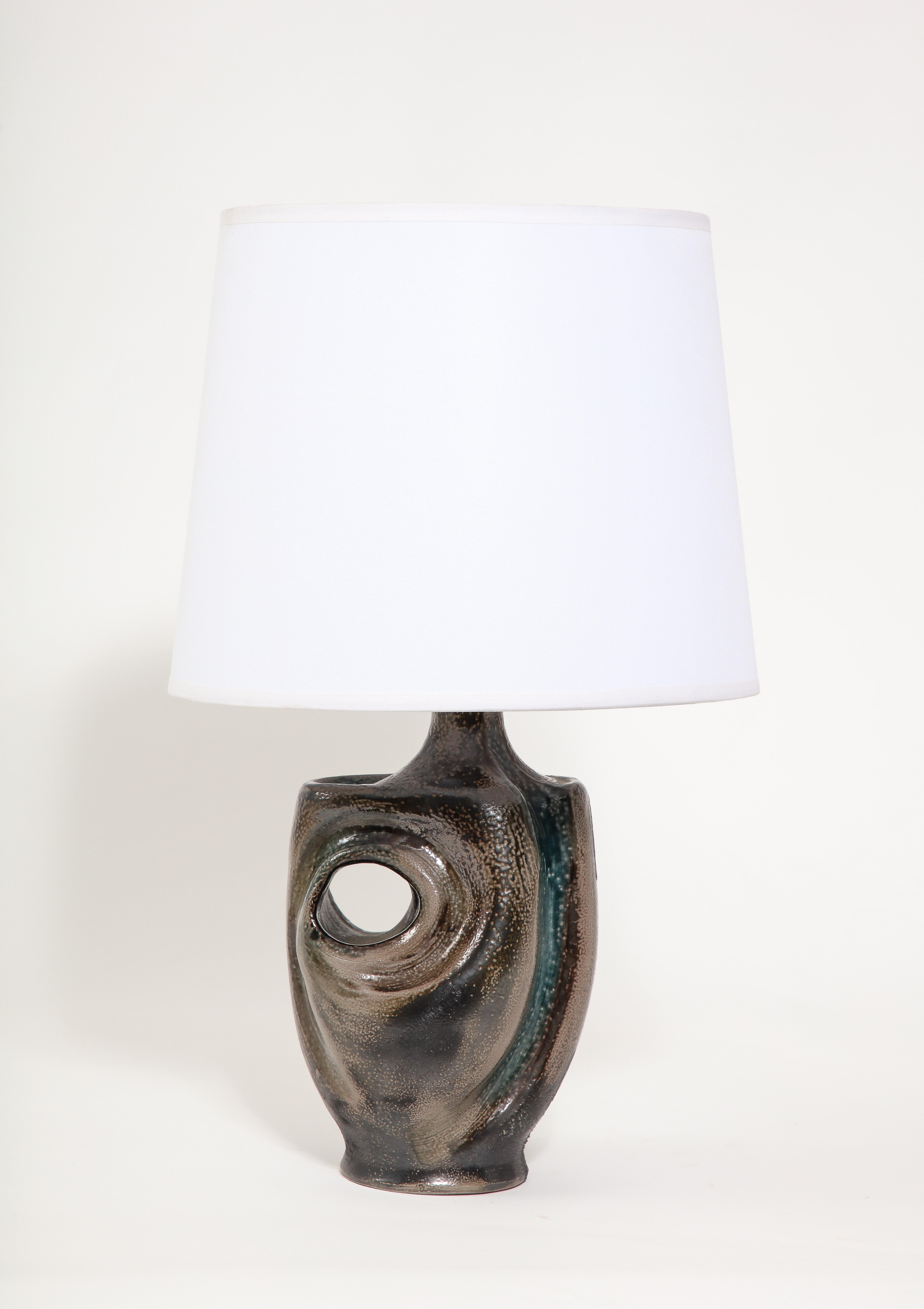 Large Curved Ceramic Lamp in Metallic Glaze, France 1950’s For Sale 1