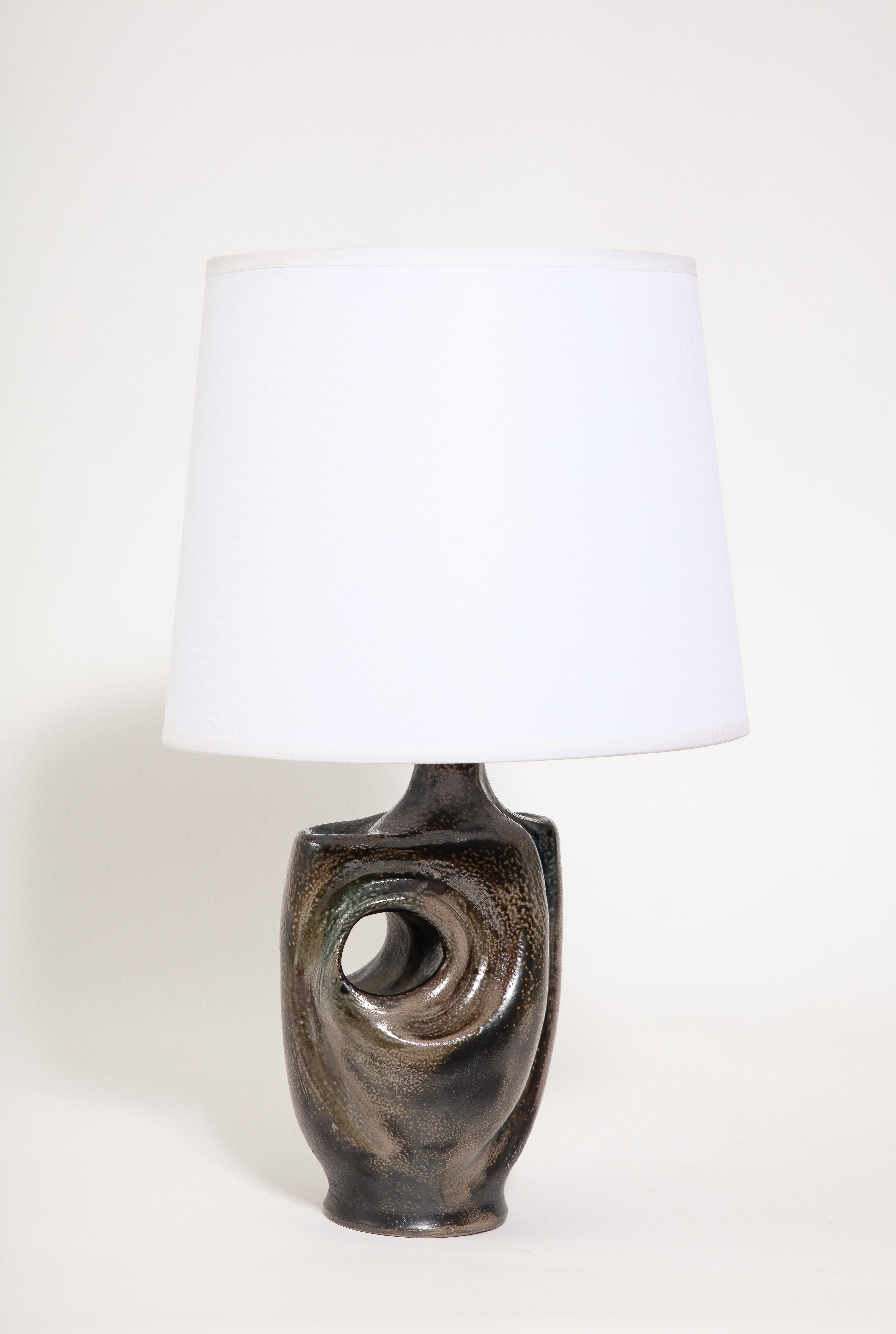 Large Curved Ceramic Lamp in Metallic Glaze, France 1950’s For Sale 2