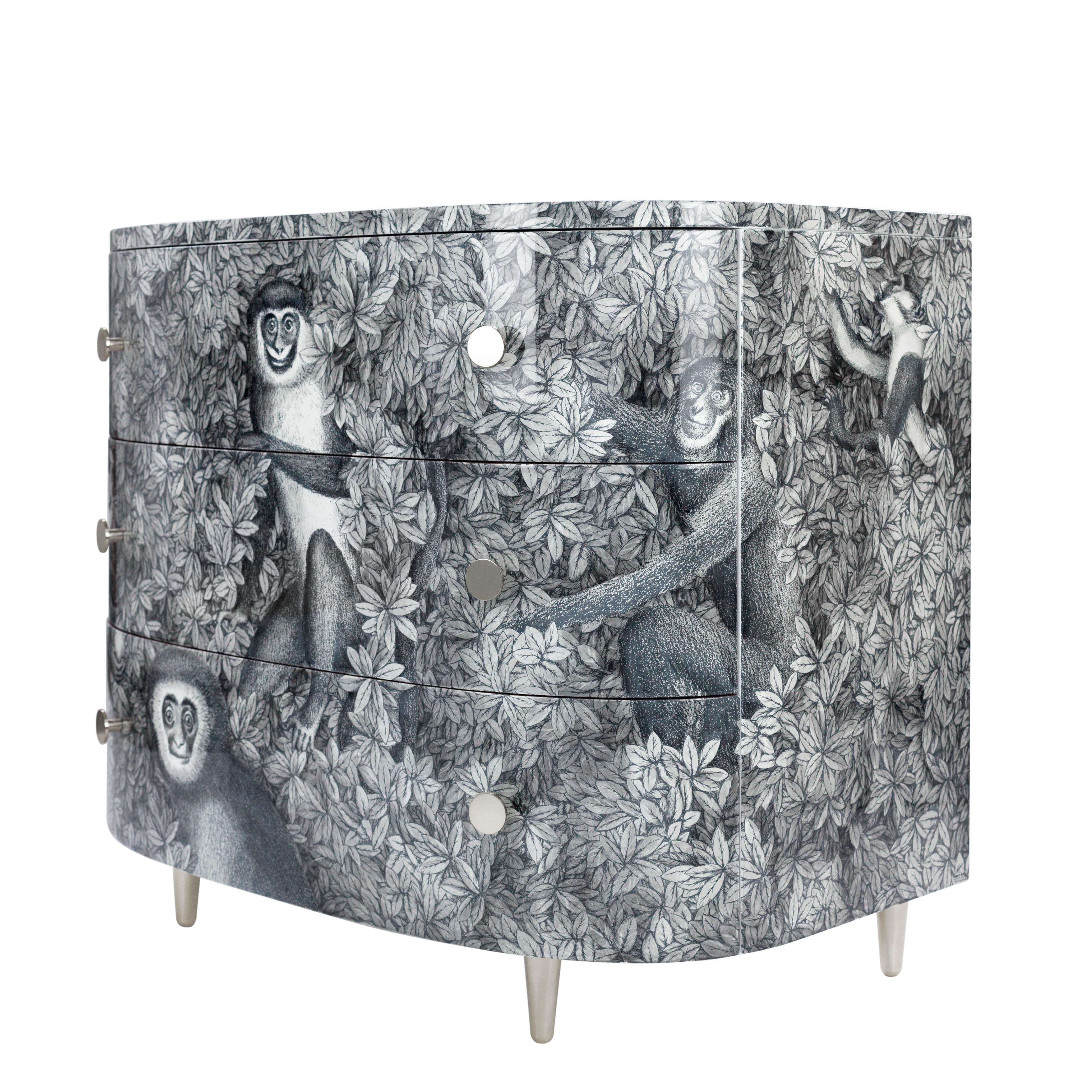Italian Curved Chest of Drawers Scimmie Grey Shades, Chromed Details For Sale