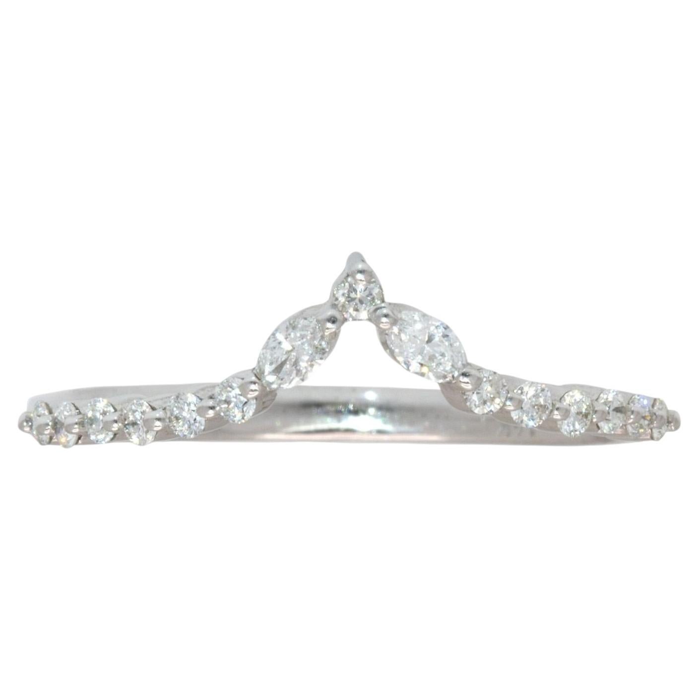 Curved Chevron Diamond Band: Solid 14K Gold, Marquise & Round Wedding Ring