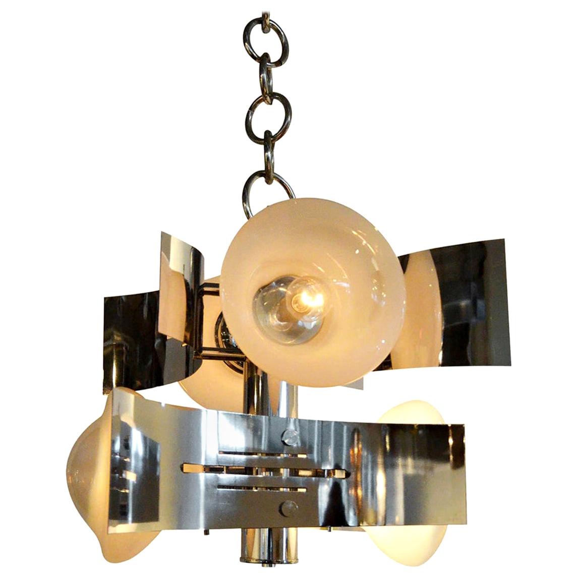 Curved Chrome-Plated Frame with Four Torchère Large Modern Bulb Chandelier For Sale