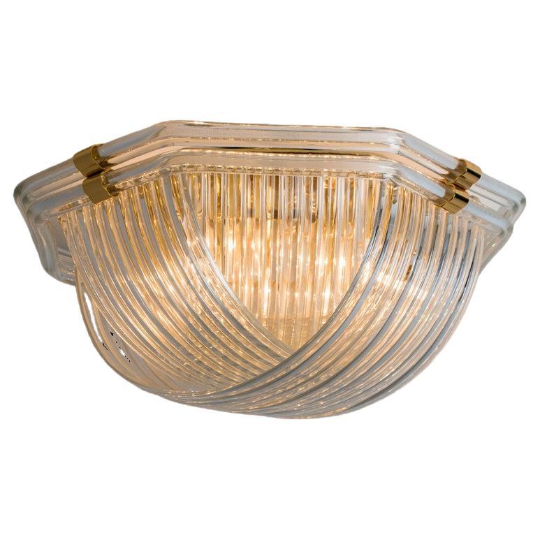 Curved Clear Gold Glass Messing Flush Mount, Venini For Sale