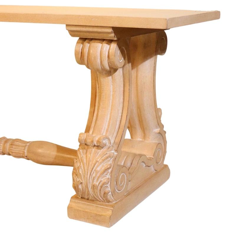 Carved Curved Columnar Base Wood Console Table For Sale