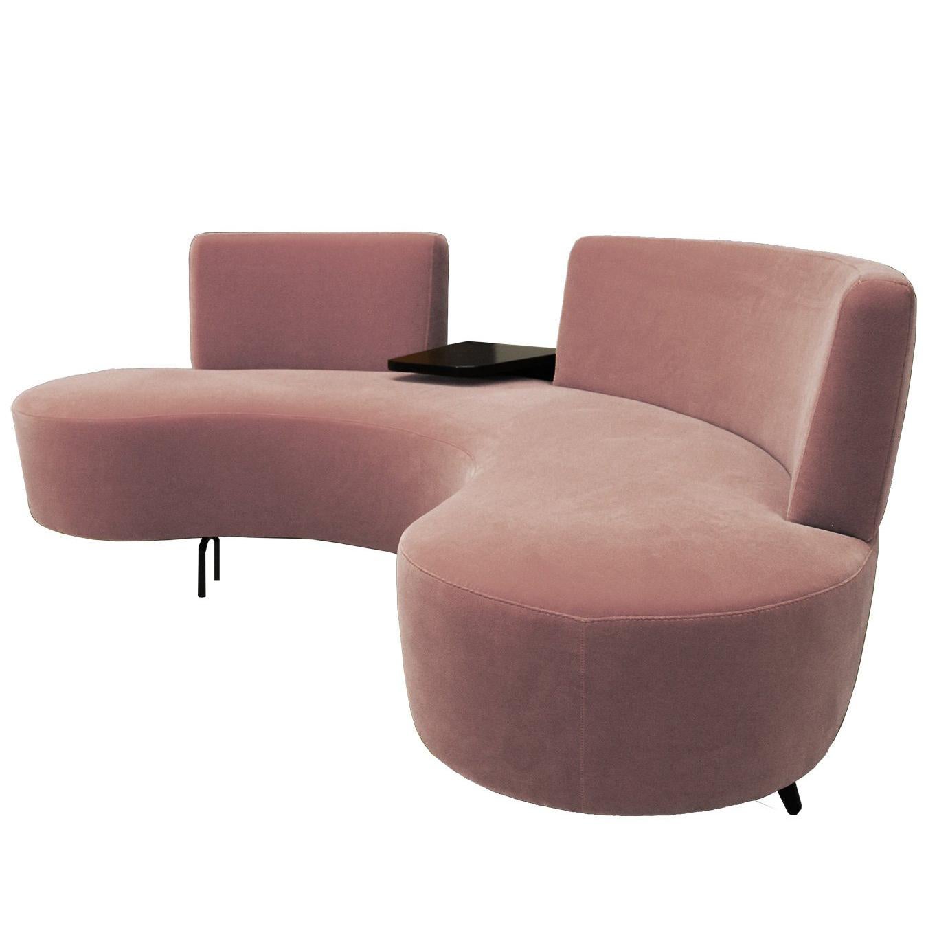 Curved Conversation Sofa in Soft Pink Velvet with Table For Sale
