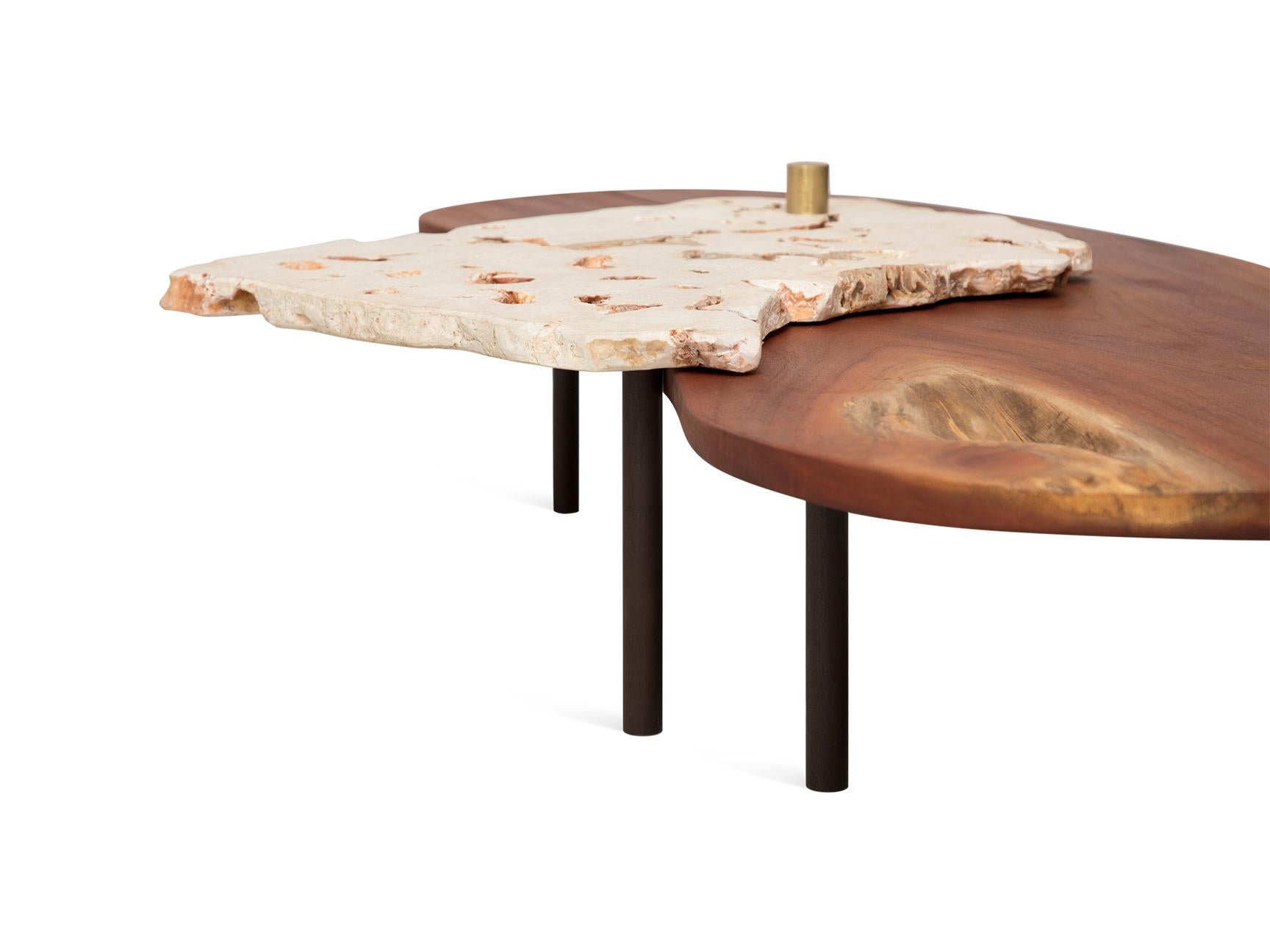 Embrace the audacious allure of natural textures and showcase your unique sense of style. Our low profile coffee table is made from salvaged Puerto Rican mahogany wood and features a bold coral slab with quartz particles that exudes personality.