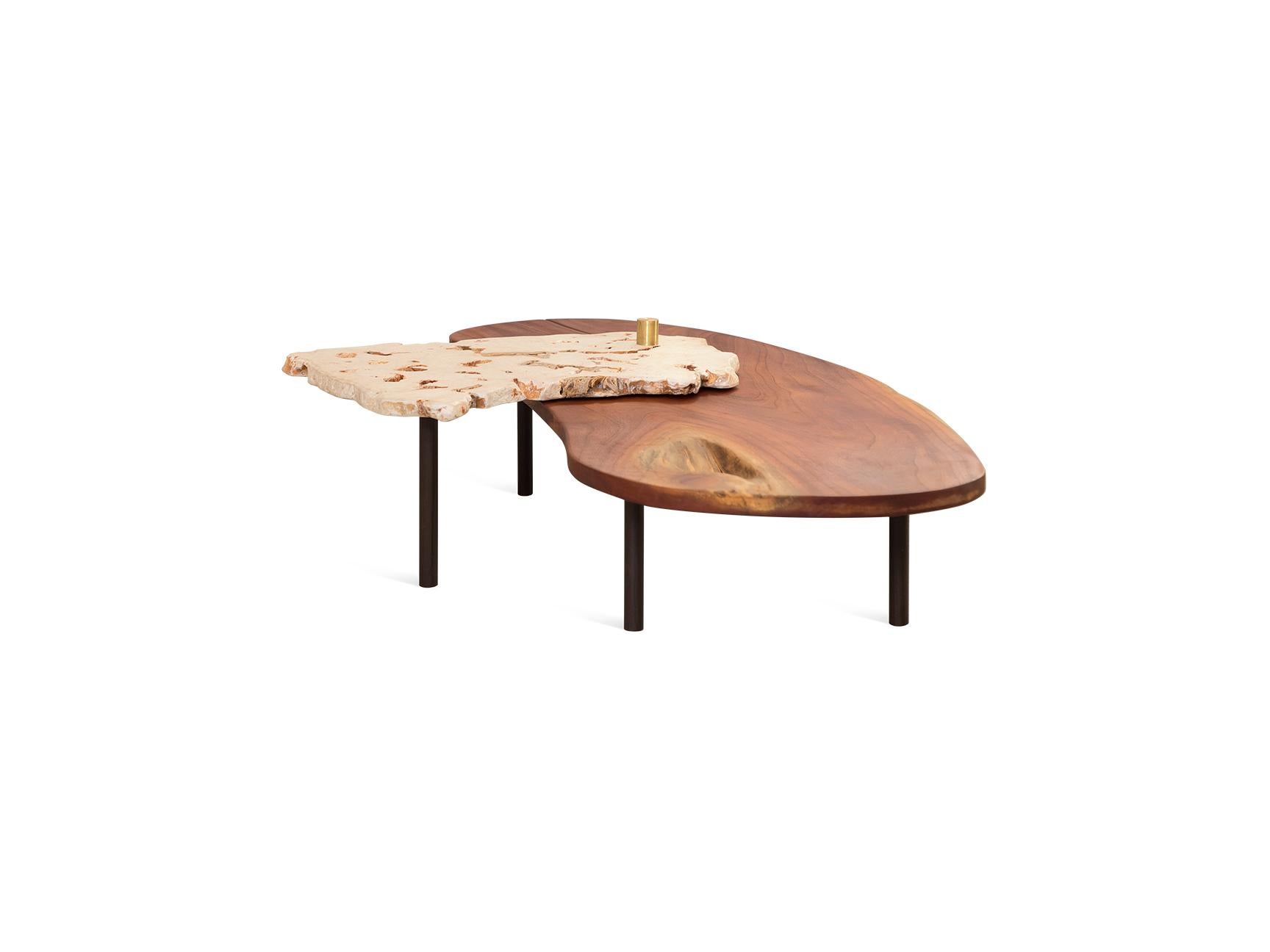 Hand-Crafted Coral: Adjustable Slab- Modern Mahogany & Coral Quartz Center Table For Sale