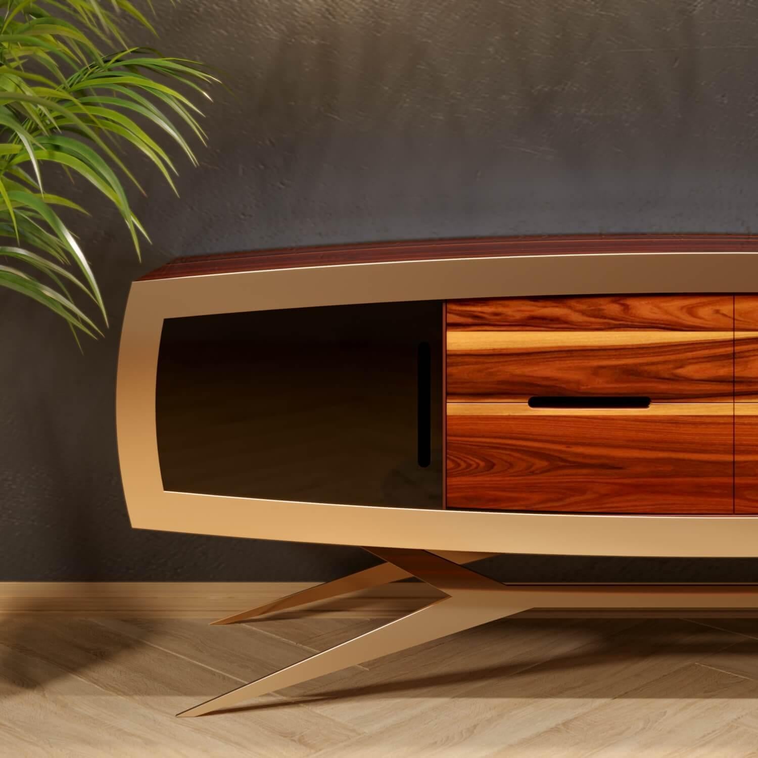 The Moderns Credenza Sideboard Curved Ironwood Laque noire et laiton brossé en vente 4
