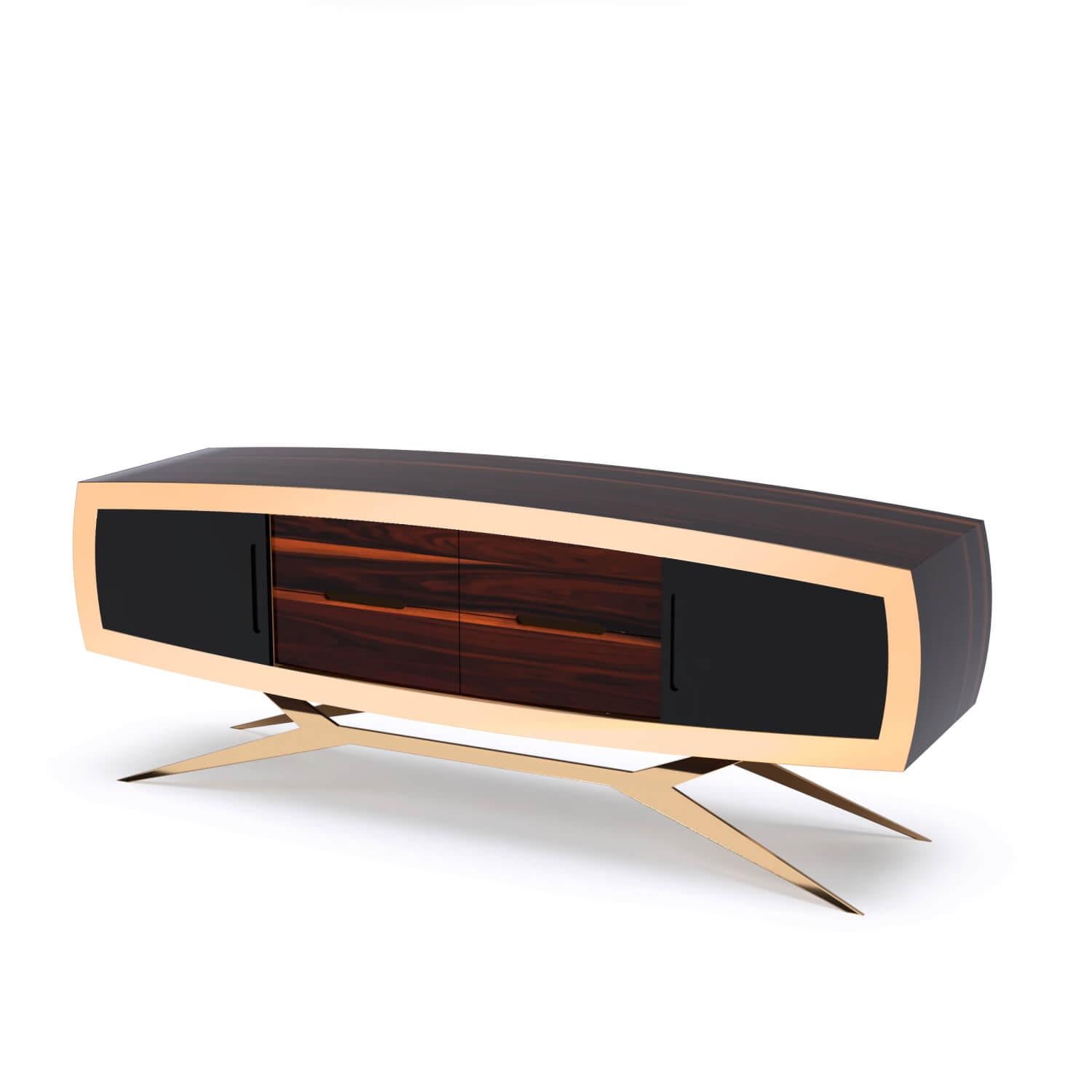 Lacquered Modern Curved Credenza Sideboard Ironwood Black Lacquer Brushed Brass For Sale