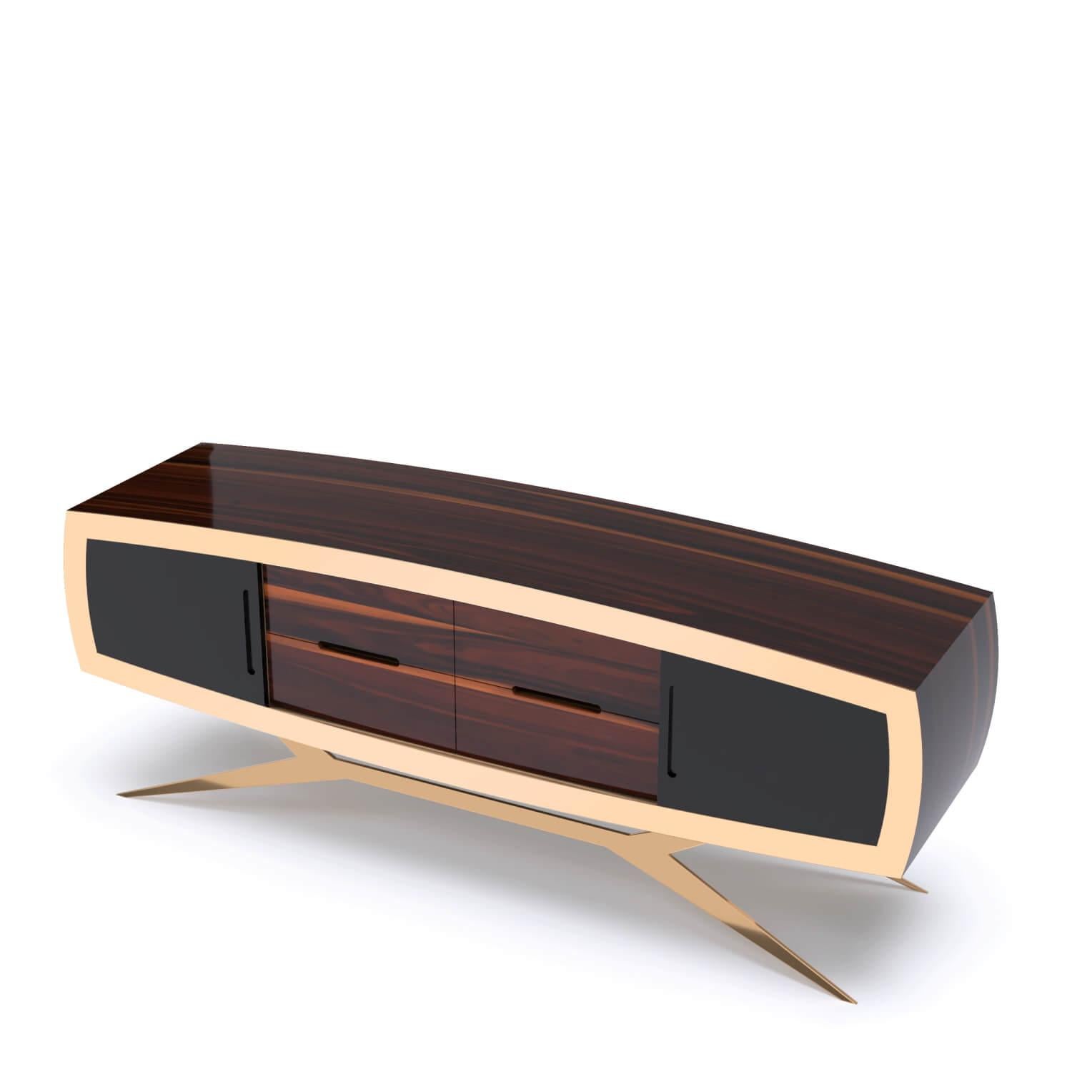 Modern Curved Credenza Sideboard Ironwood Black Lacquer Brushed Brass In New Condition For Sale In Vila Nova Famalicão, PT