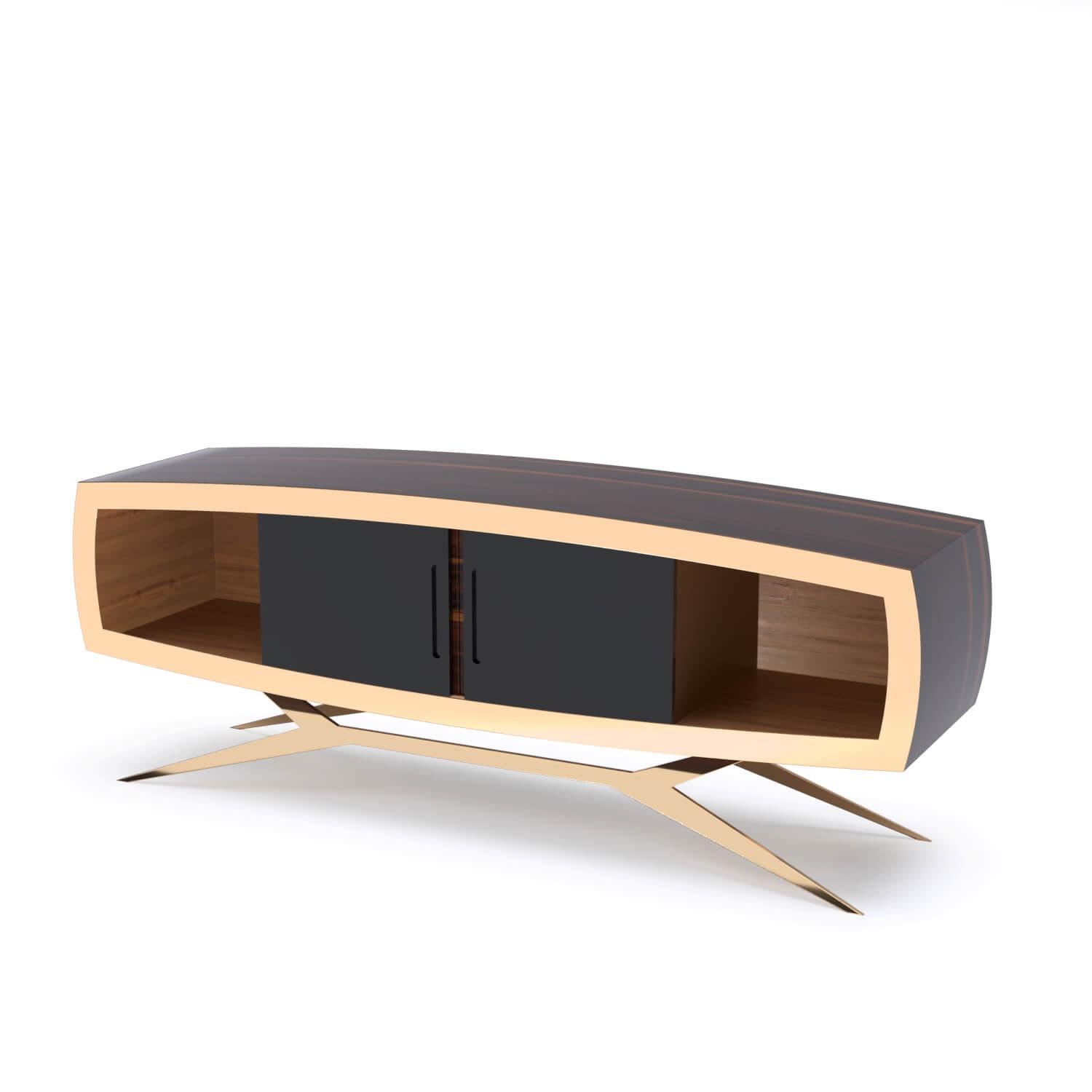 Contemporary Modern Curved Credenza Sideboard Ironwood Black Lacquer Brushed Brass For Sale