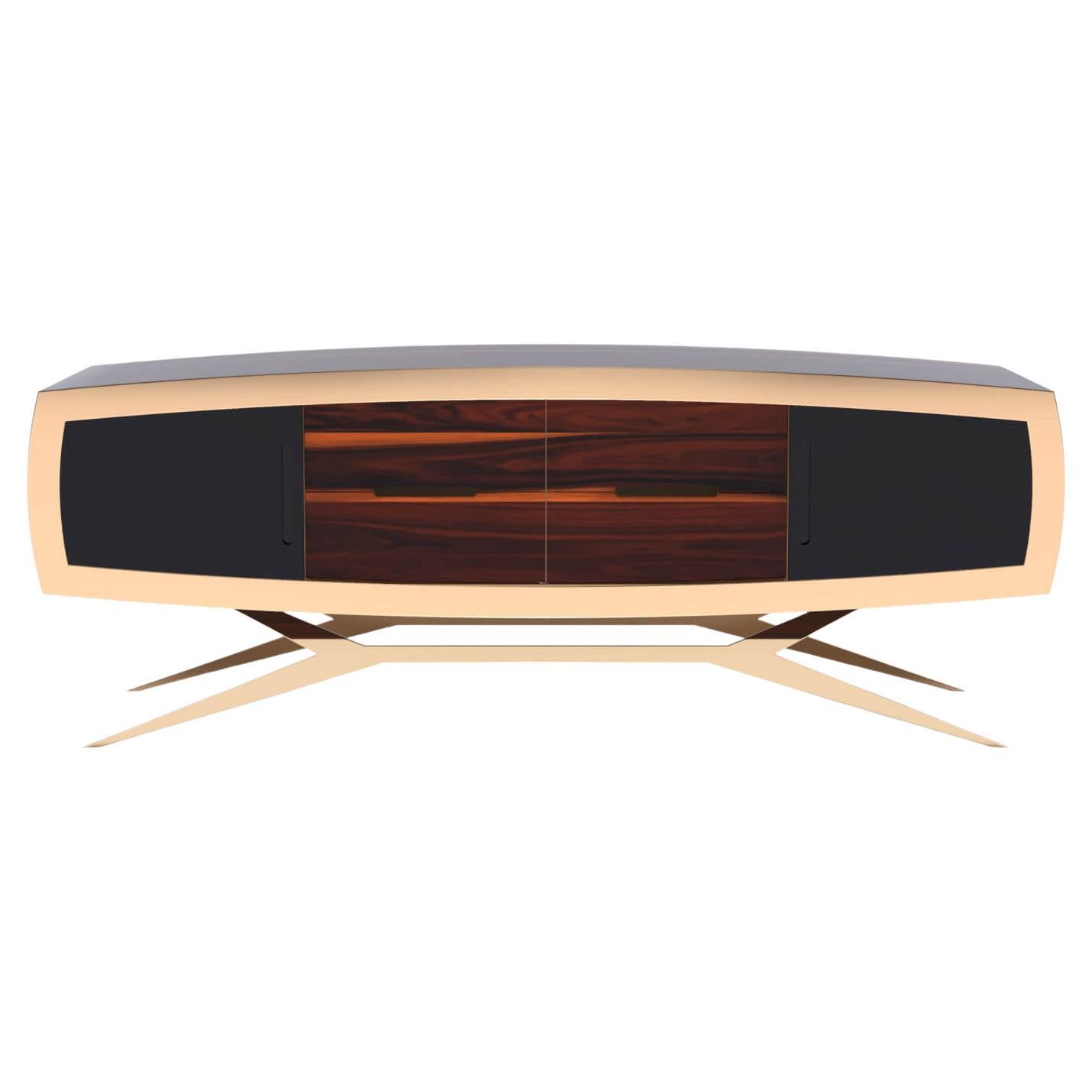 21st Century Modern Curved Credenza Sideboard Wood Black Lacquer Gold Finish