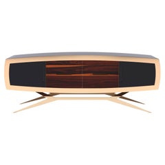21st Century Modern Curved Credenza Sideboard Wood Black Lacquer Gold Finish