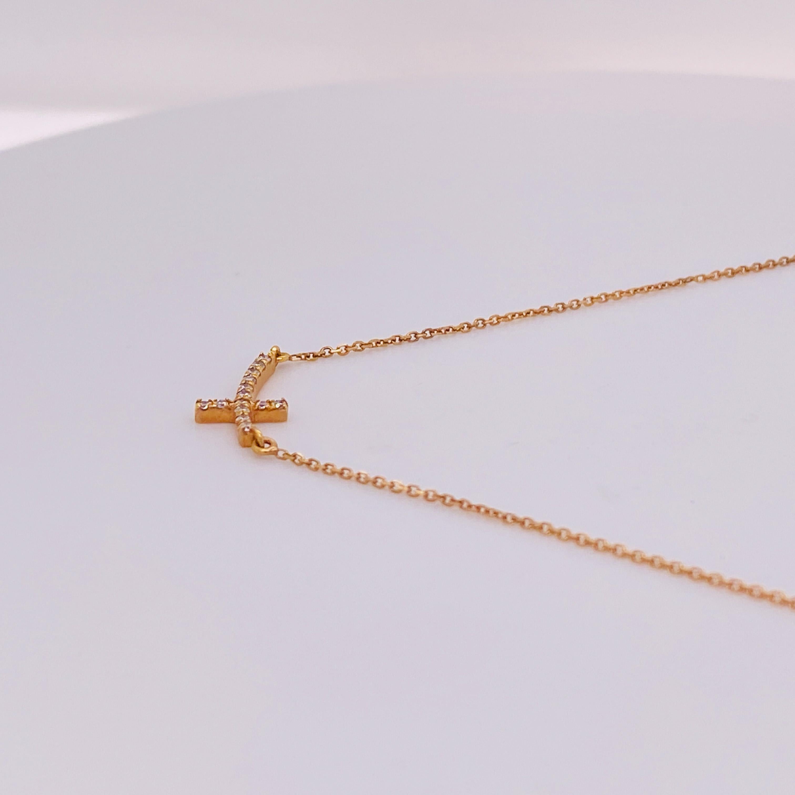 Contemporary Curved Cross Diamond Necklace, First Communion, 14K Rose Gold, Quinceñera LV For Sale