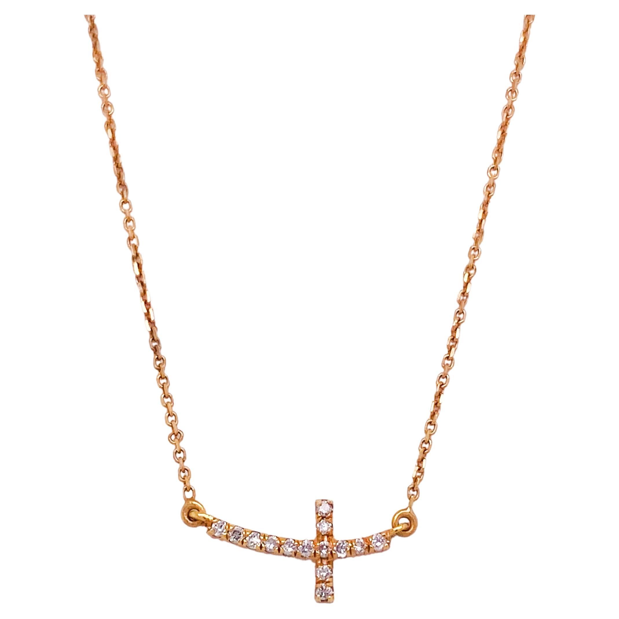 Curved Cross Diamond Necklace, First Communion, 14K Rose Gold, Quinceñera LV For Sale