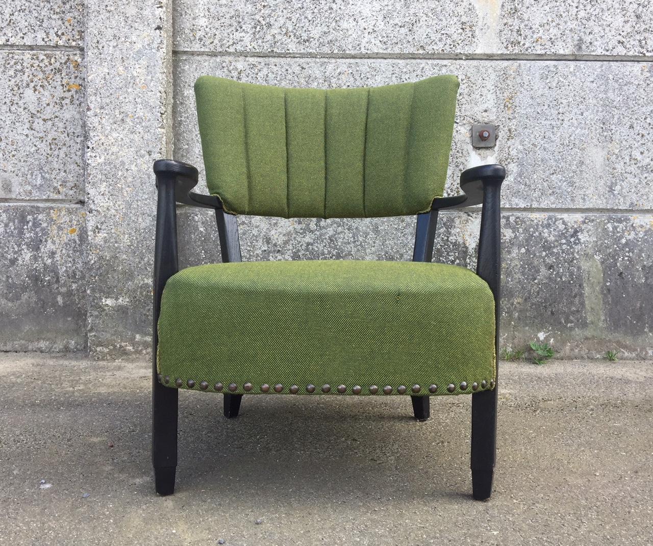 Painted Curved Danish Club Chair with Green Wool Upholstery, 1940s For Sale