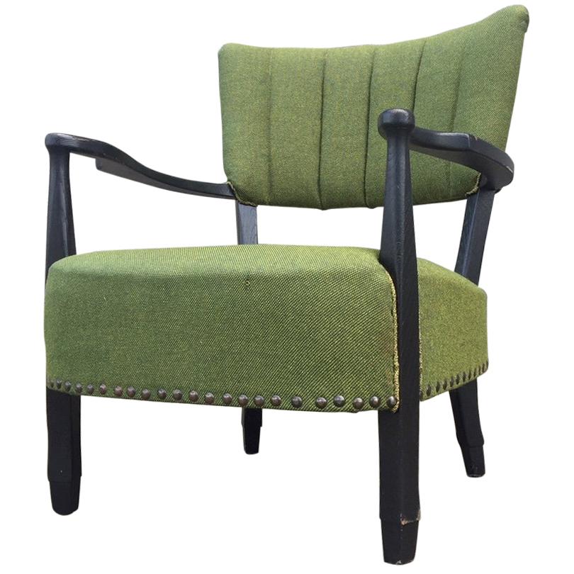 Curved Danish Club Chair with Green Wool Upholstery, 1940s For Sale