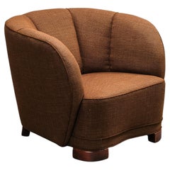 Curved Danish Modern Club Chair in Original Brown Wool Upholstery, 1940s