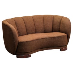 Curved Danish Modern Sofa in Original Brown Wool Upholstery, 1940s