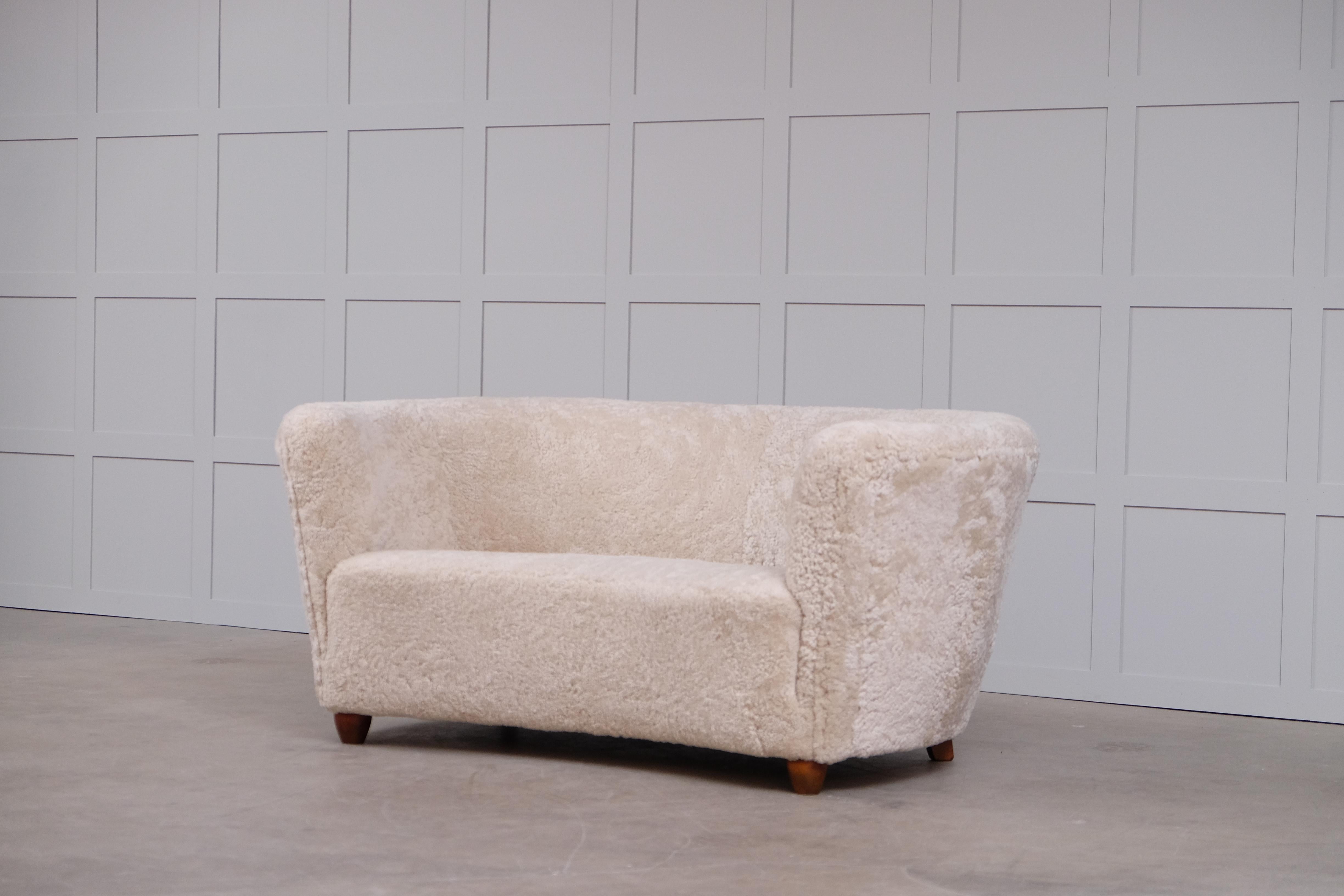 Curved Danish Sheepskin Sofa, 1940s For Sale 1
