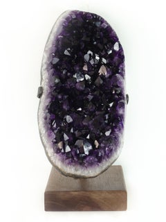 Curved Deep Purple Amethyst Crystal Sculpture Decoration on Wooden Stand