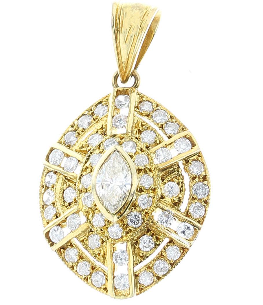 A beautiful pendant set with 1 marquise diamond (appx. 0.25 cts) with 47 round diamonds (appx. 1.41 cts.) Length: 1.25” Width 0.50” 18K Yellow Gold.