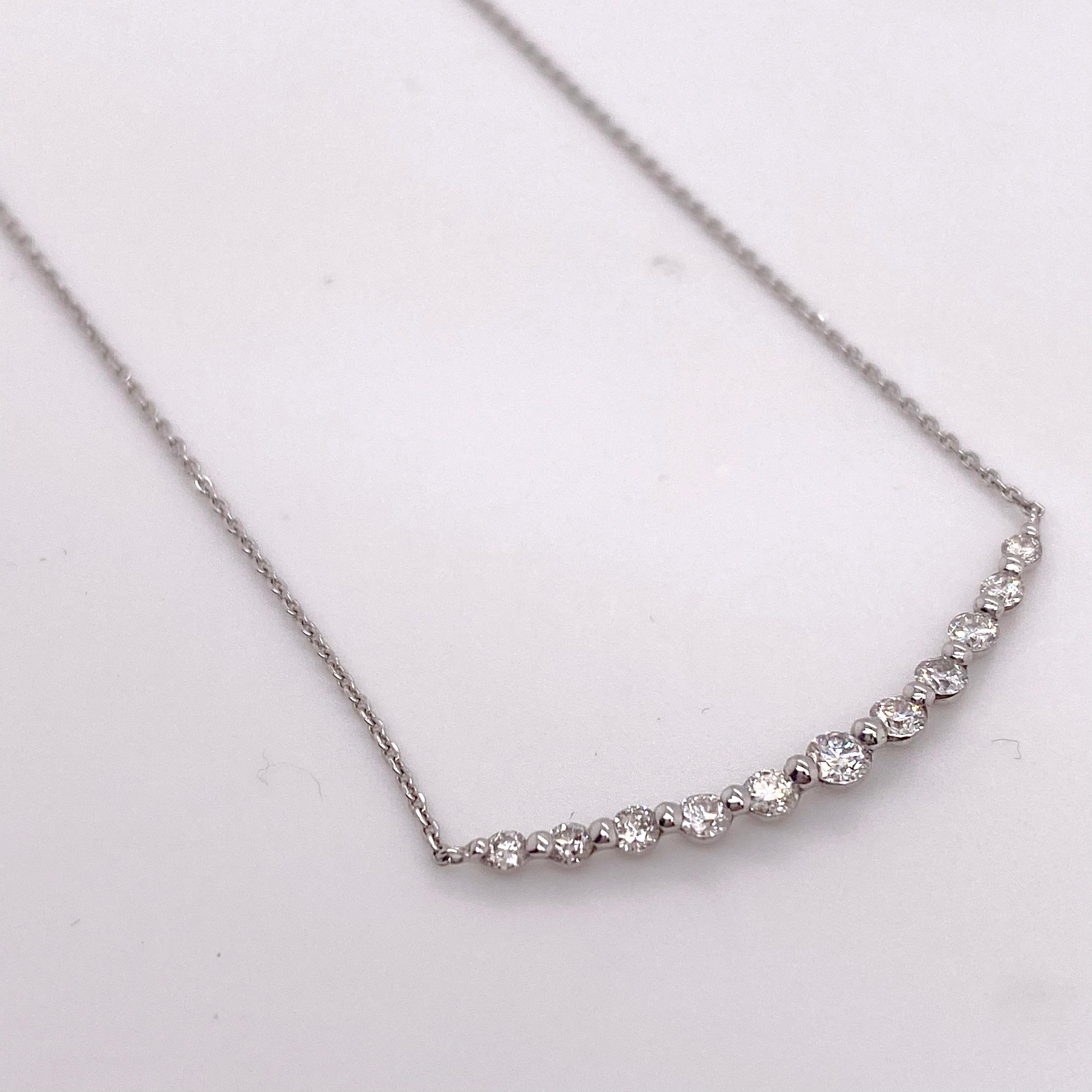 Modern Curved Diamond Bar Necklace, White Gold, Smile Diamond Pendant Eleven Diamonds For Sale
