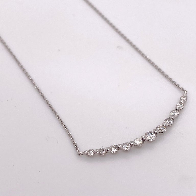 Curved Diamond Bar Necklace, White Gold, Smile Diamond Pendant Eleven