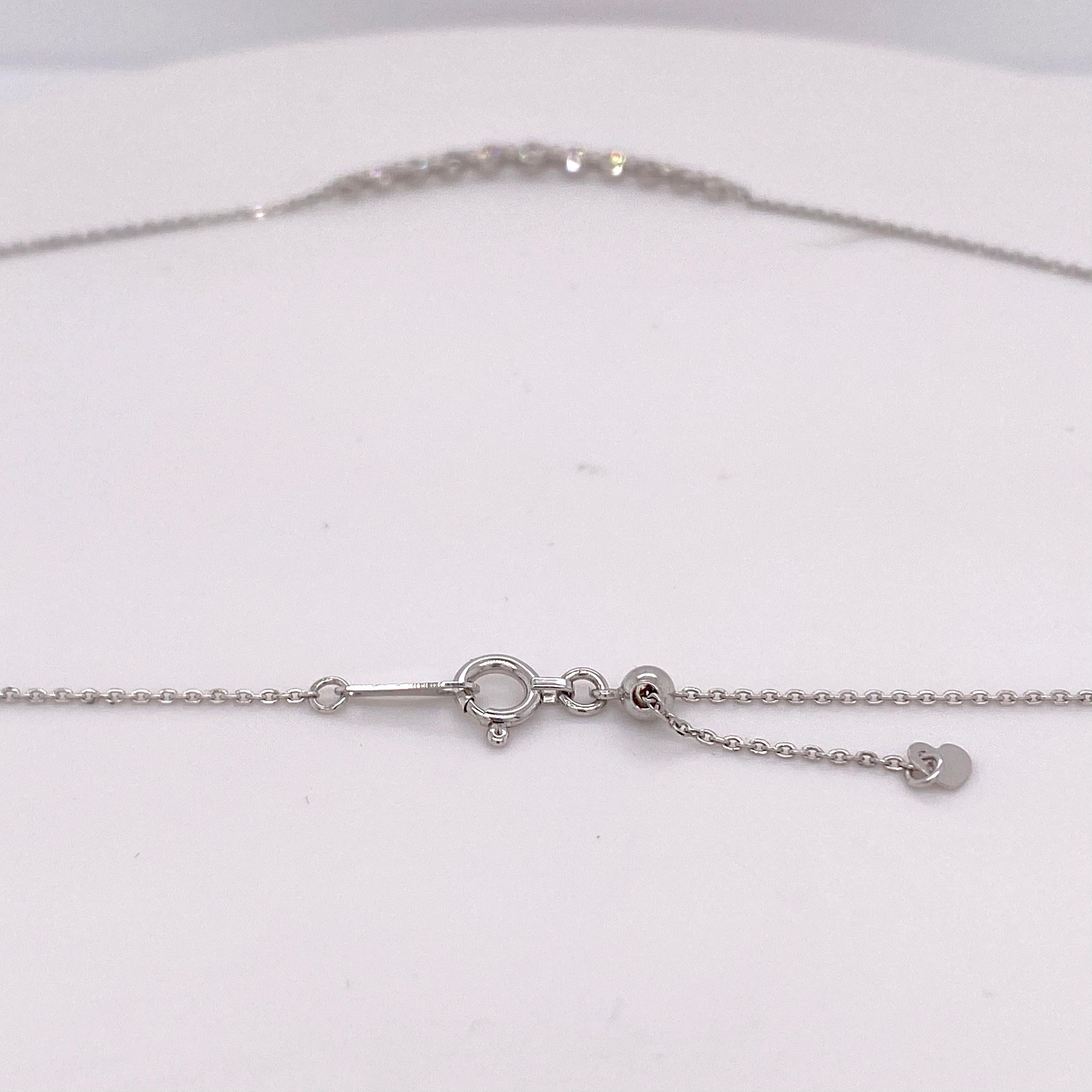 Curved Diamond Bar Necklace, White Gold, Smile Diamond Pendant Eleven Diamonds In New Condition For Sale In Austin, TX