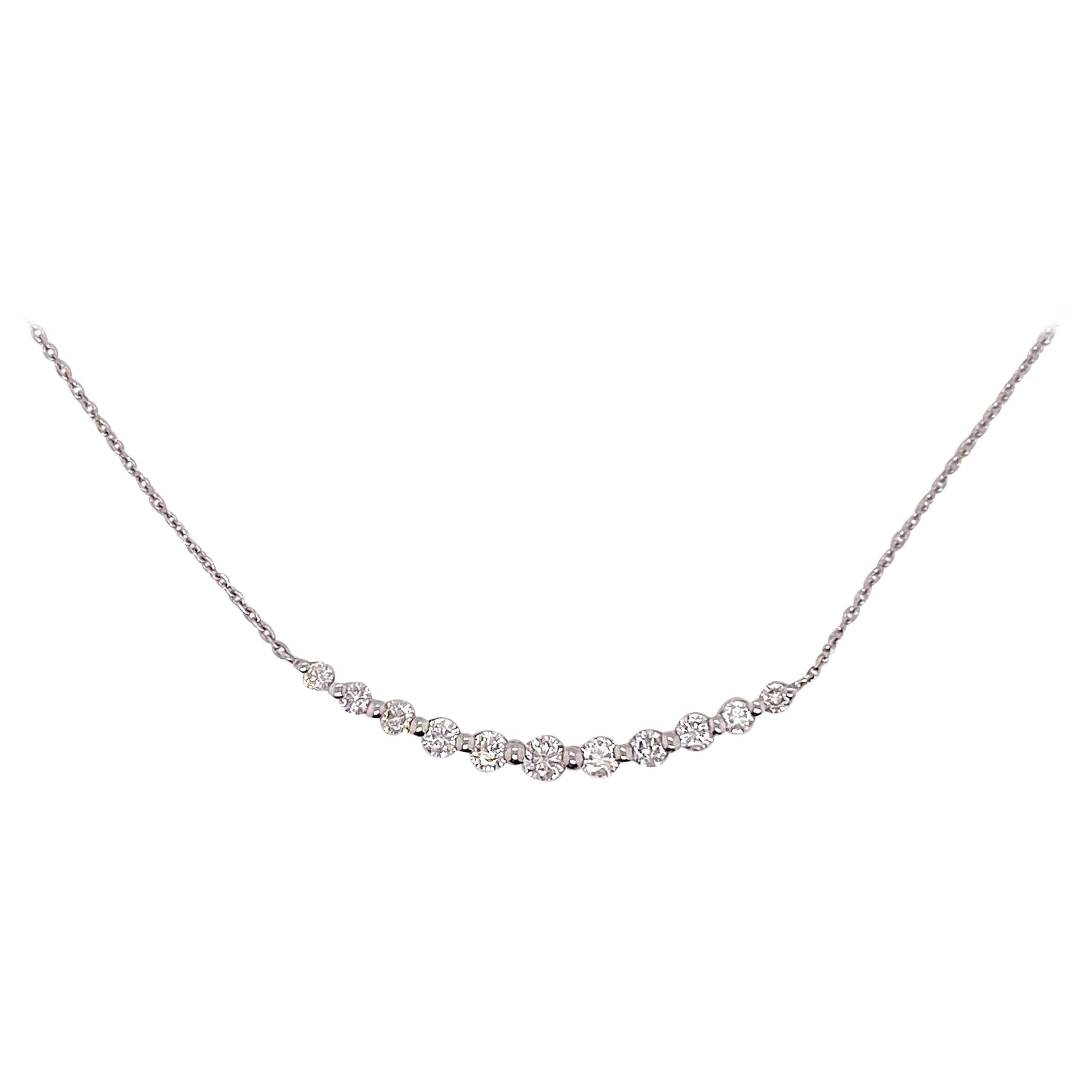 Curved Diamond Bar Necklace, White Gold, Smile Diamond Pendant Eleven Diamonds For Sale