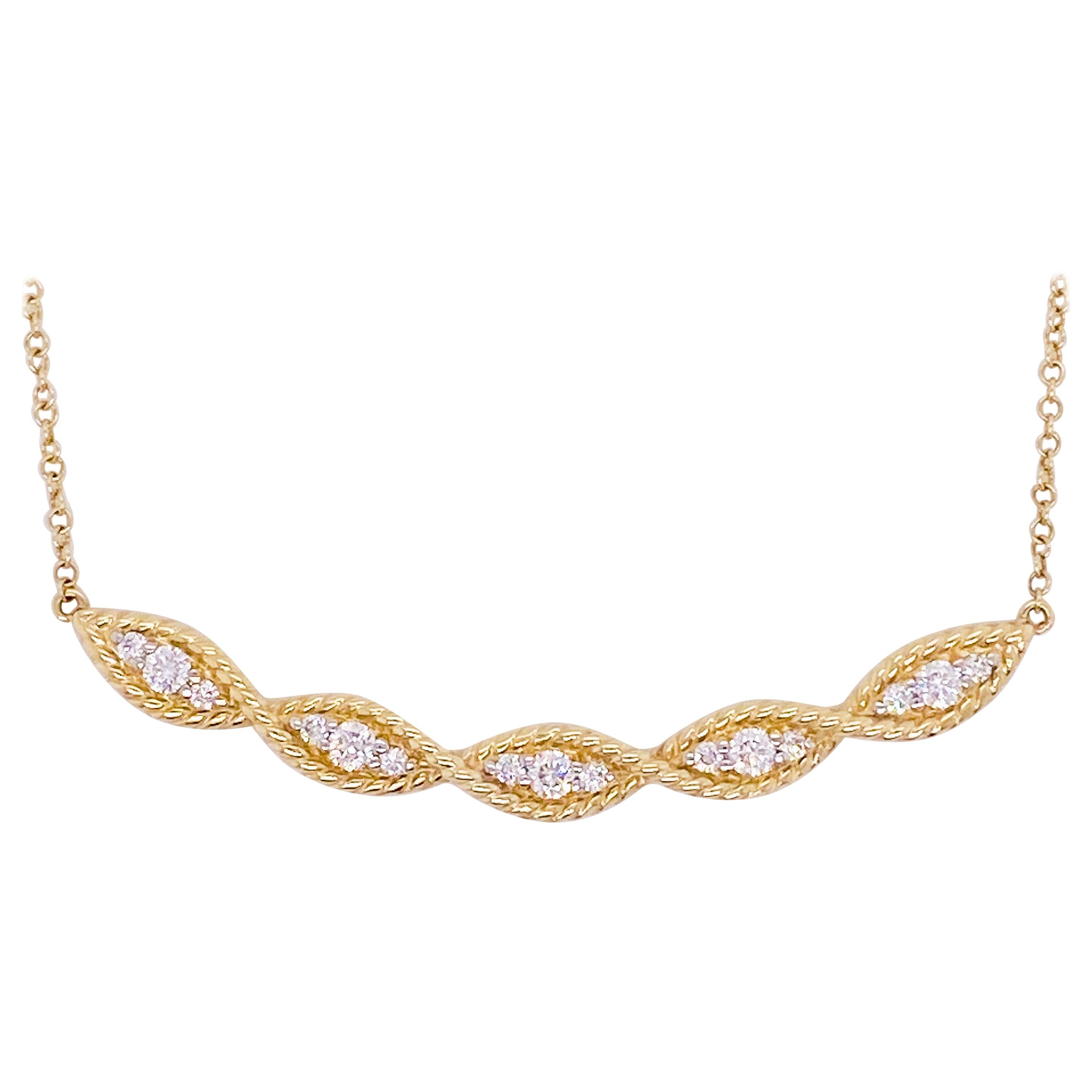Curved Diamond Necklace, 14 Karat Gold Twisted Rope Bar, NeckMess, NK6085