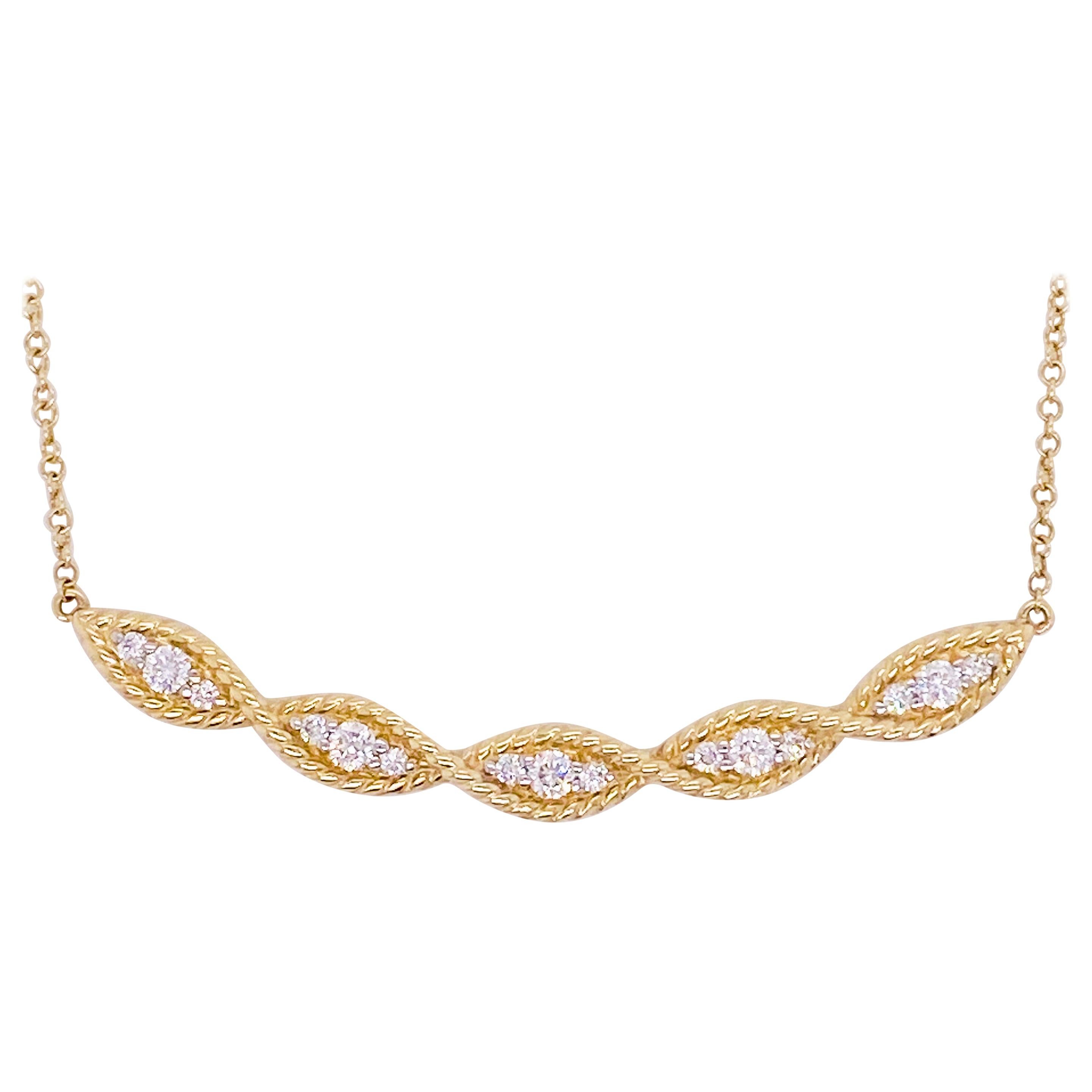 Curved Diamond Necklace, 14 Karat Gold Twisted Rope Bar, NeckMess, NK6085Y45JJ For Sale