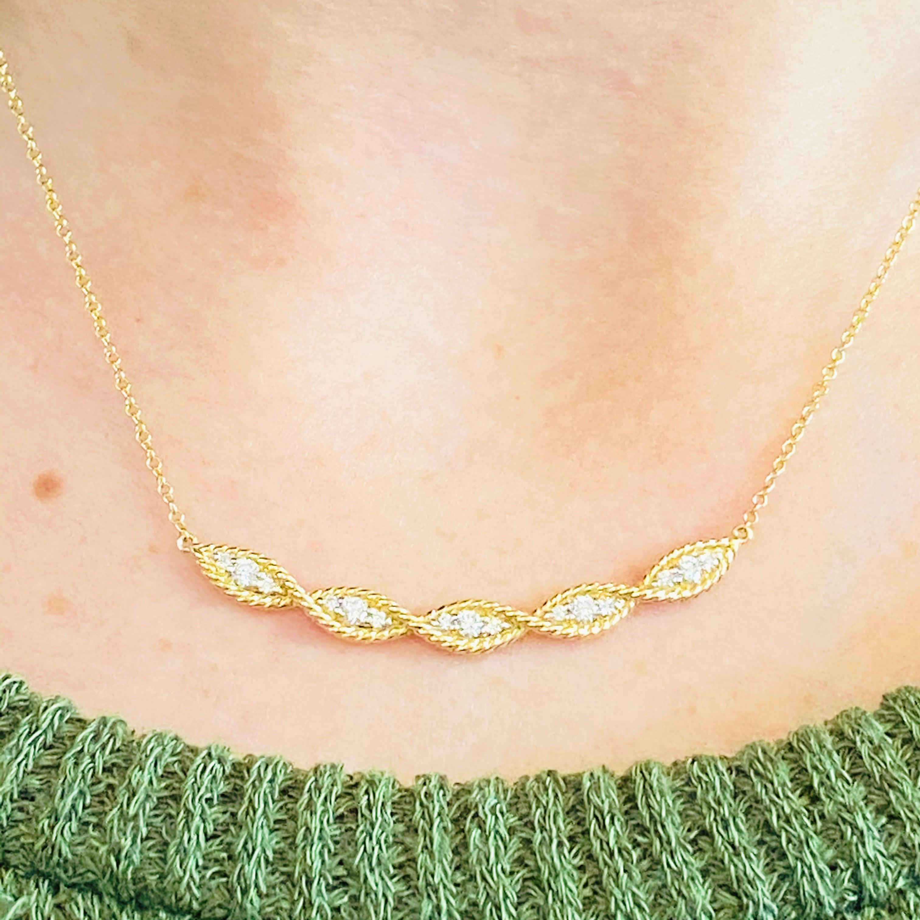 This Gabriel & Co. new, gorgeous 14k yellow gold twisted rope curved diamond bar necklace dripping with diamonds is the perfect mix between classic and trendy! This necklace is very fashionable and can add a touch of style to any outfit, yet it is