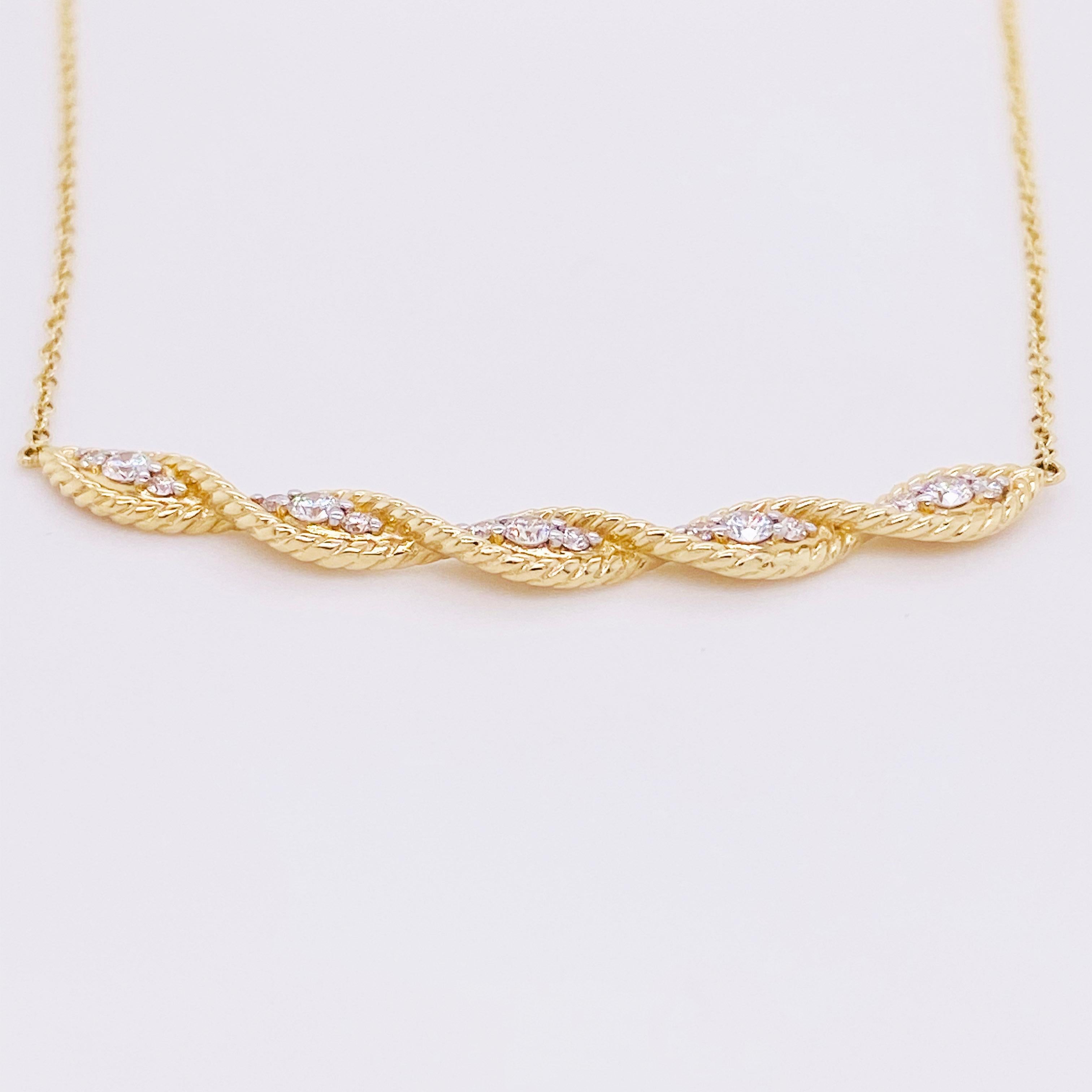 Modern Curved Diamond Necklace, 14 Karat Gold Twisted Rope Bar, NeckMess, NK6085Y45JJ For Sale