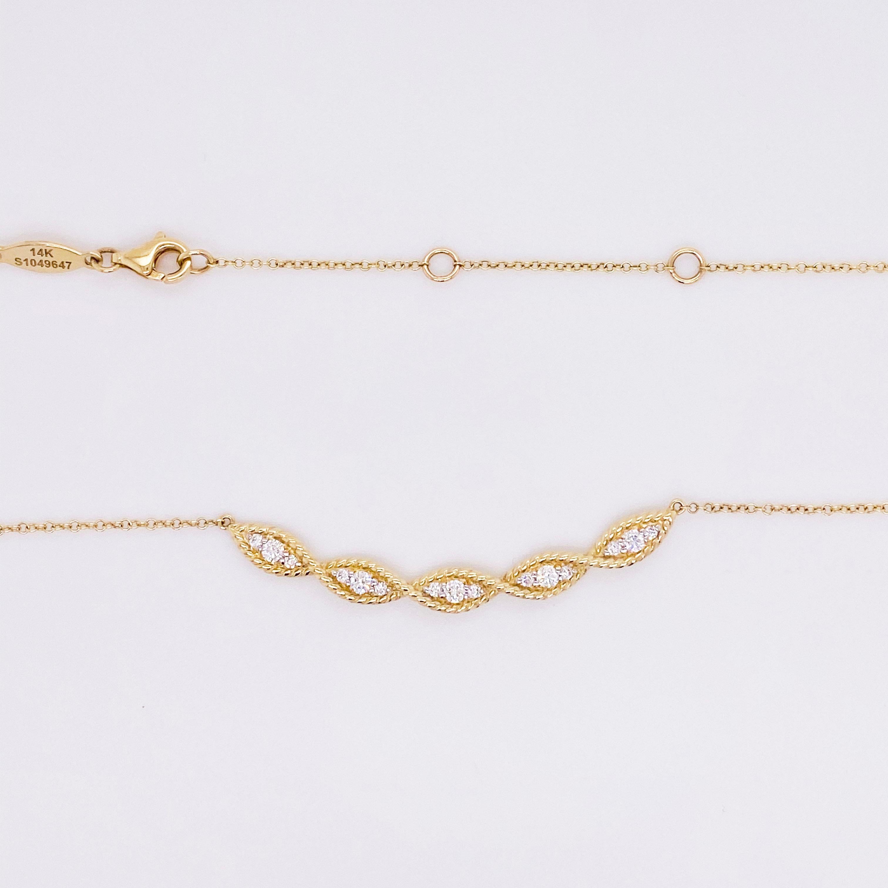 Round Cut Curved Diamond Necklace, 14 Karat Gold Twisted Rope Bar, NeckMess, NK6085Y45JJ For Sale